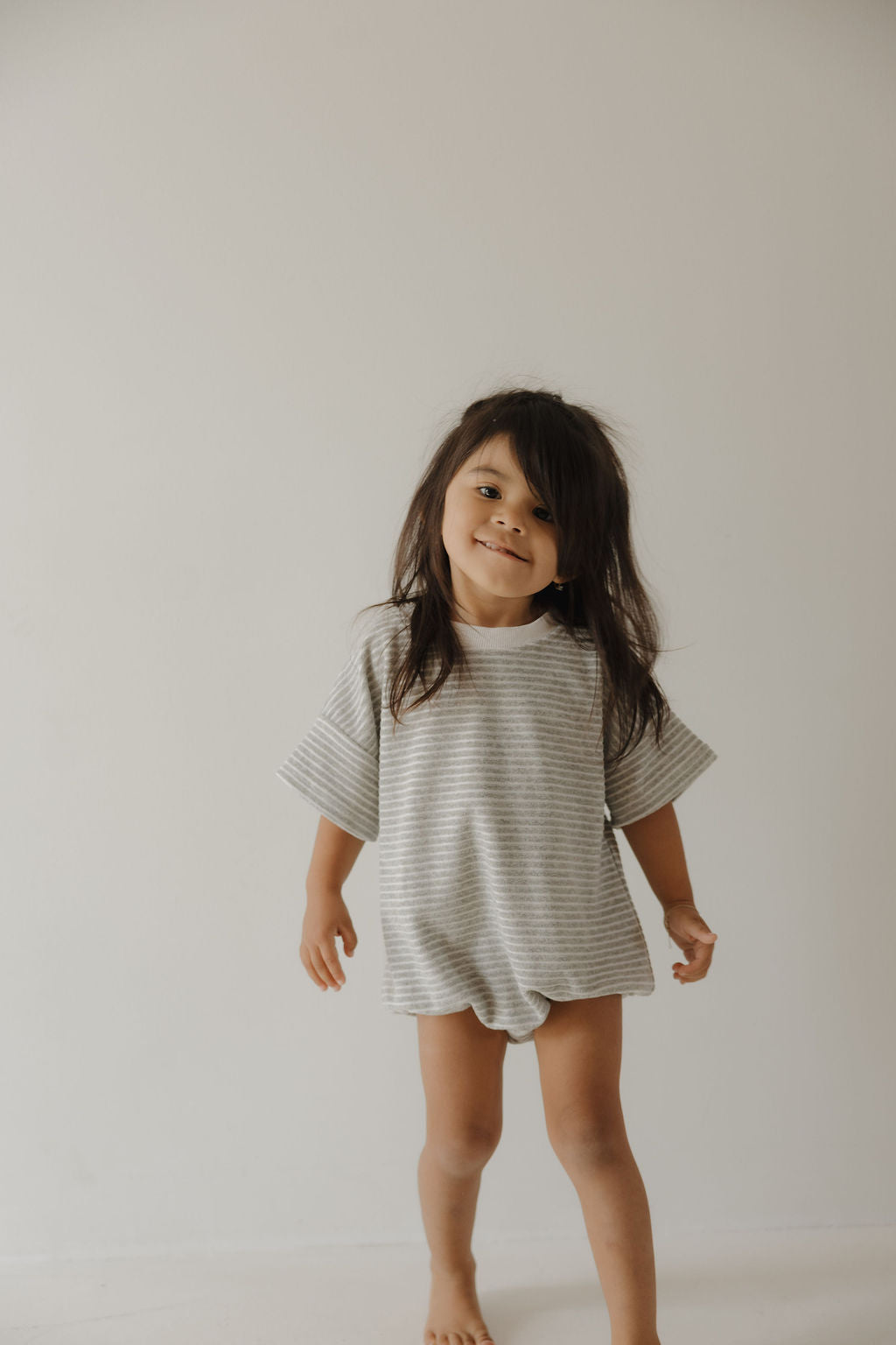 Terry T-Shirt Romper | Grey Stripe