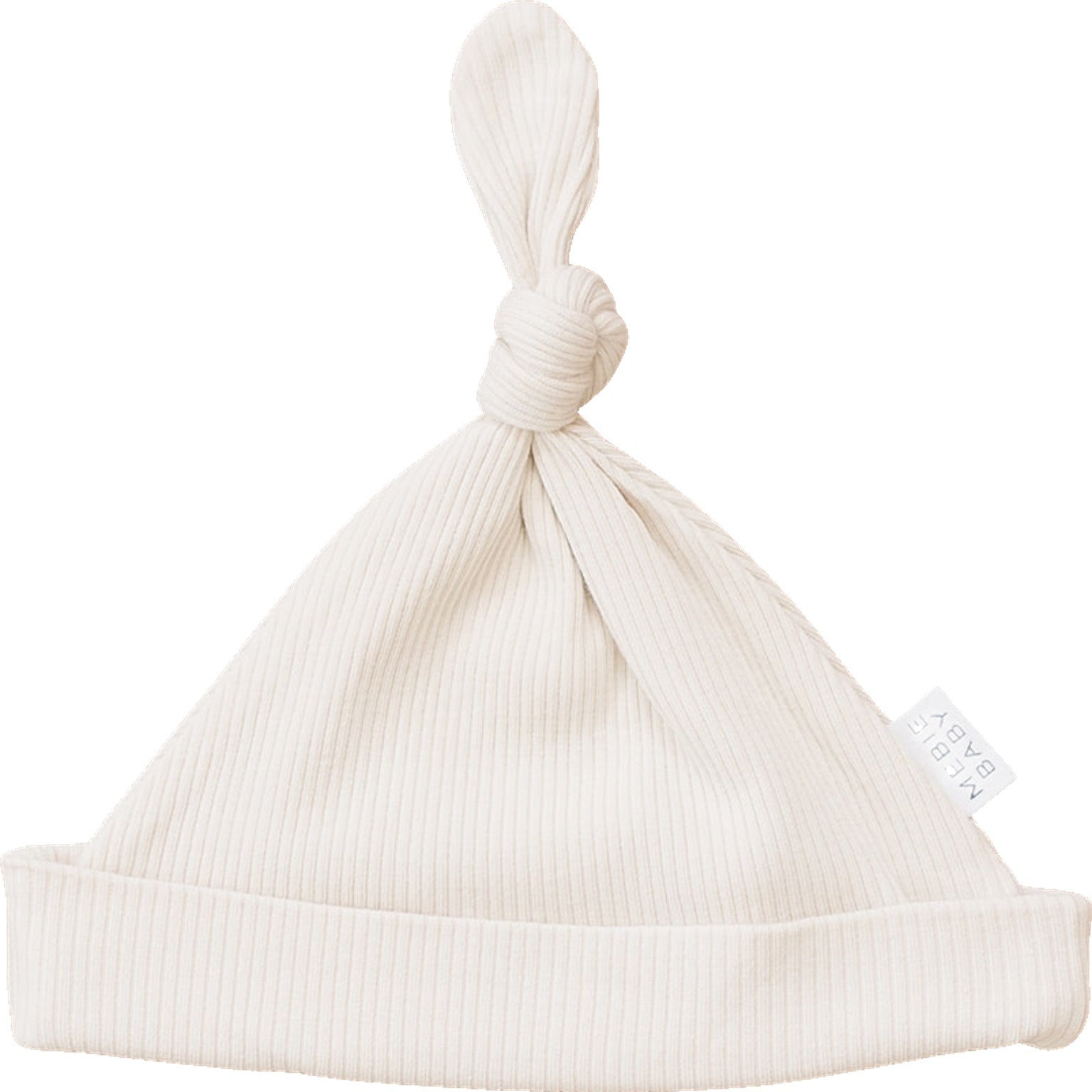 Organic ribbed newborn knot hat in vanilla color, designed for comfort and custom fit.