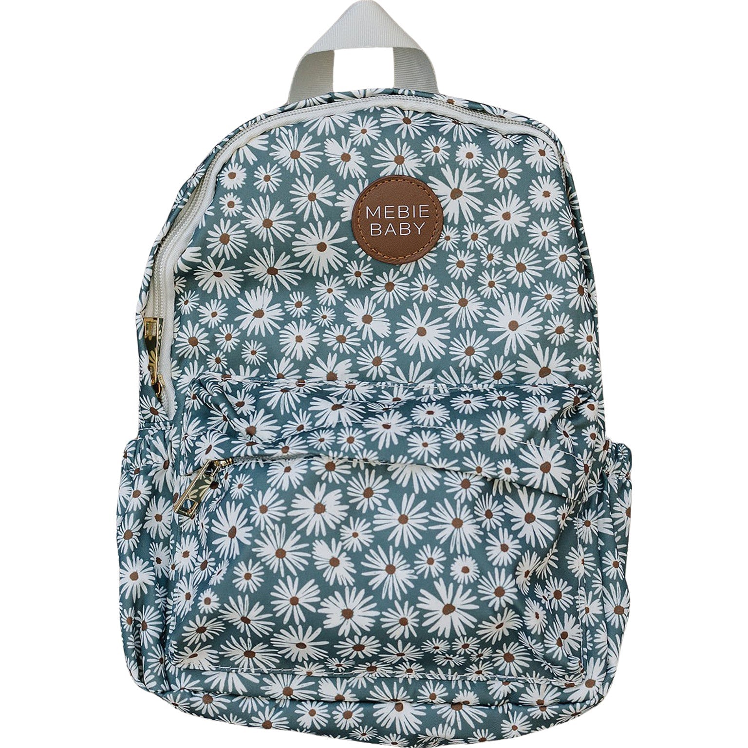 Kids mini backpack in green with white daisy print, ideal for preschool and playdates, featuring adjustable straps.