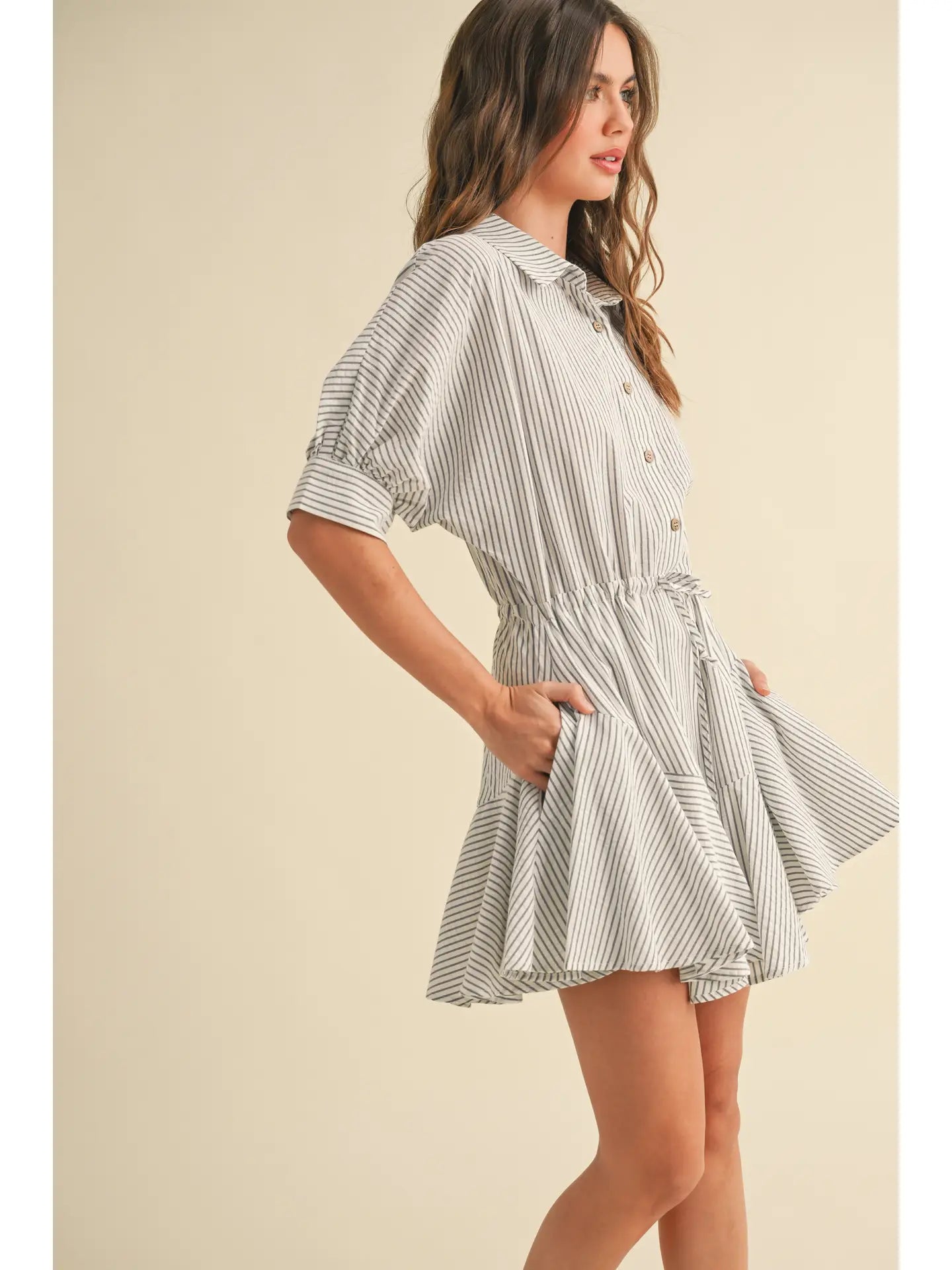 Striped Pattern Buttondown Shirt Dress