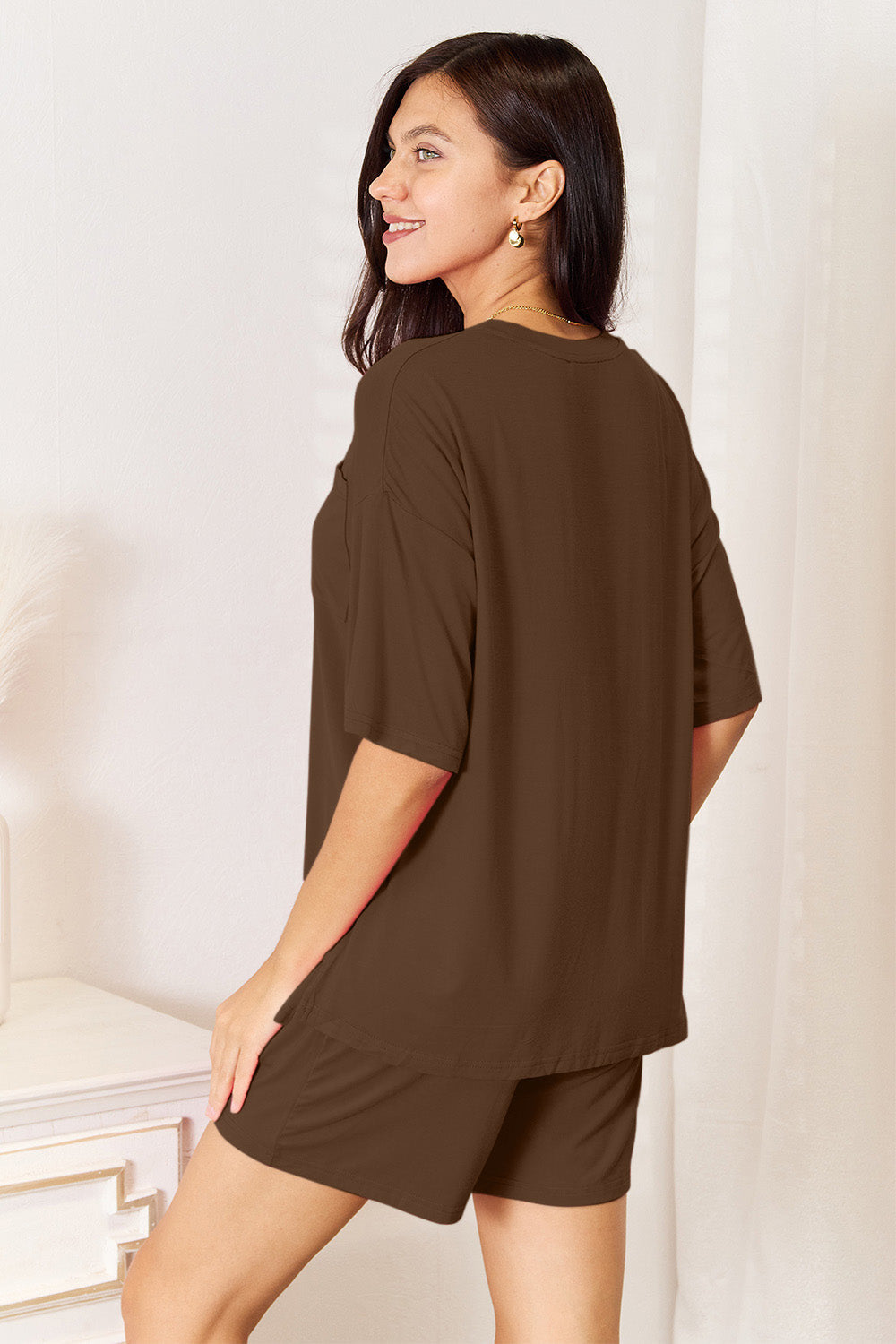 Basic Bae brown soft rayon half sleeve top and shorts set, featuring a relaxed style for everyday comfort.