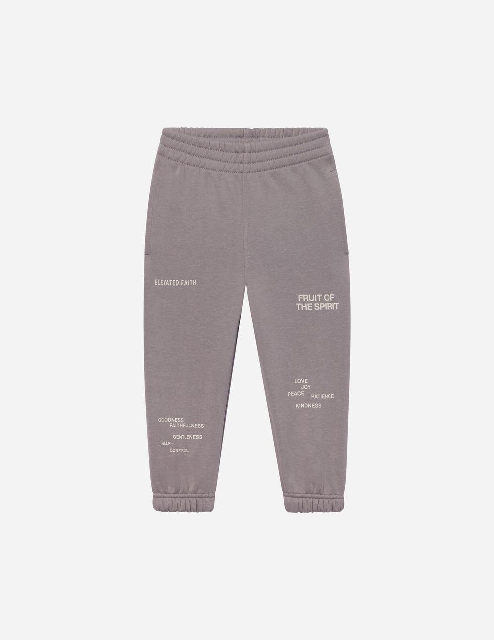 Fruit of the Spirit kids sweatpant in gray featuring inspiring text and a comfy design for active days.
