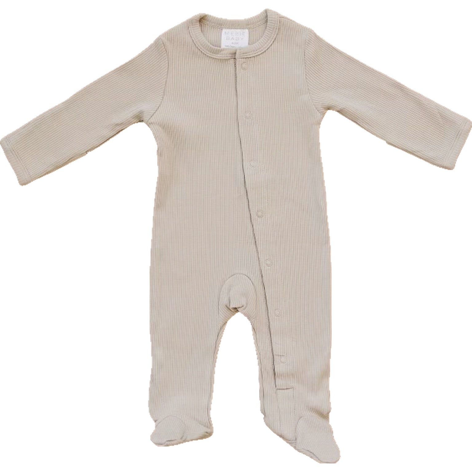 Organic baby bodysuit in oatmeal ribbed cotton with snap closures for easy diaper changes.