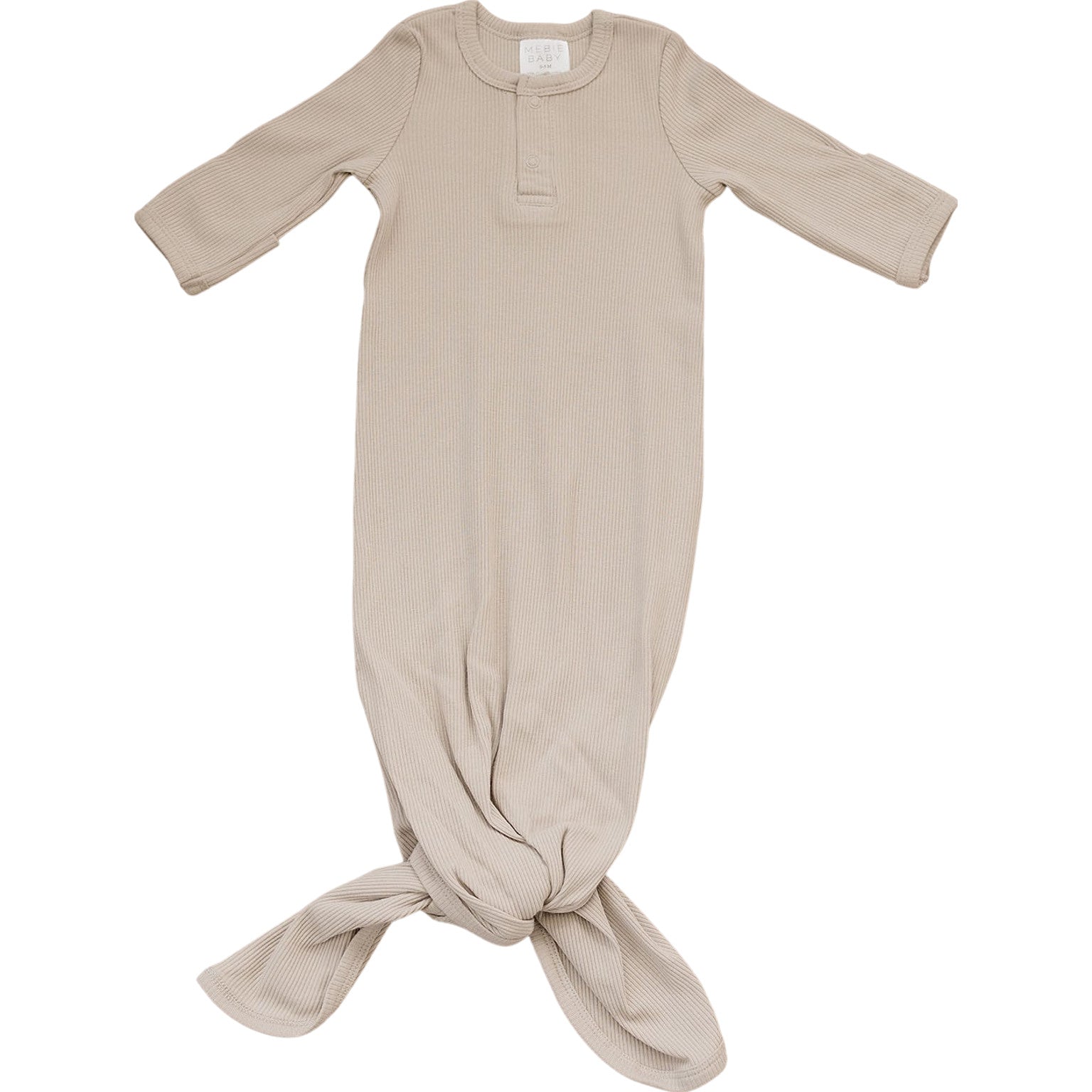Oatmeal organic baby knot gown made of soft ribbed cotton, featuring adjustable knot bottom and fold-over mittens.
