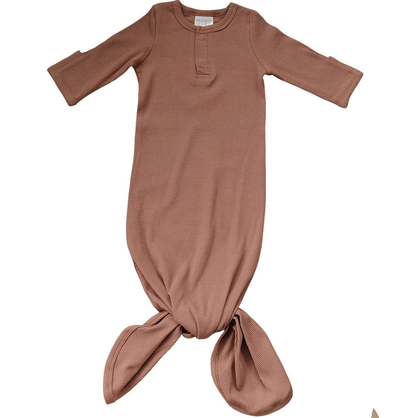 Dusty rose organic baby knot gown in ribbed cotton with adjustable knot bottom and fold-over mittens.