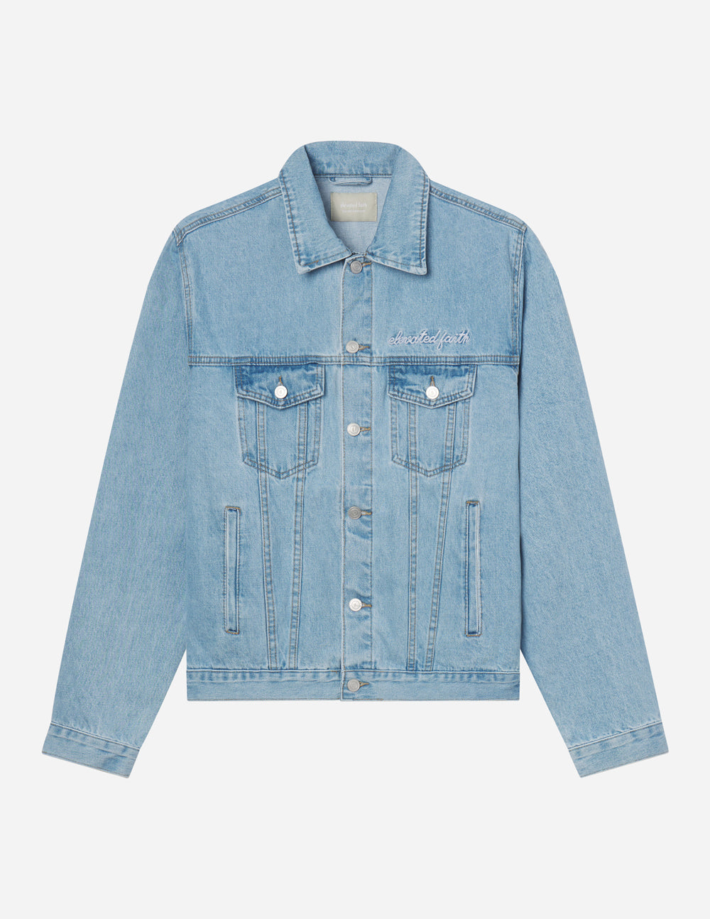 What a Friend in Jesus denim jacket for women, faith-based apparel, oversized denim outerwear, Christian fashion.