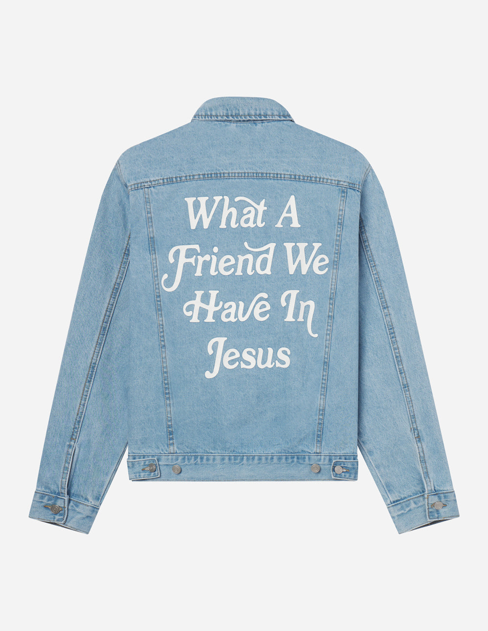 Women's oversized denim jacket with bold 'What a Friend in Jesus' lettering, perfect for faith-based fashion.