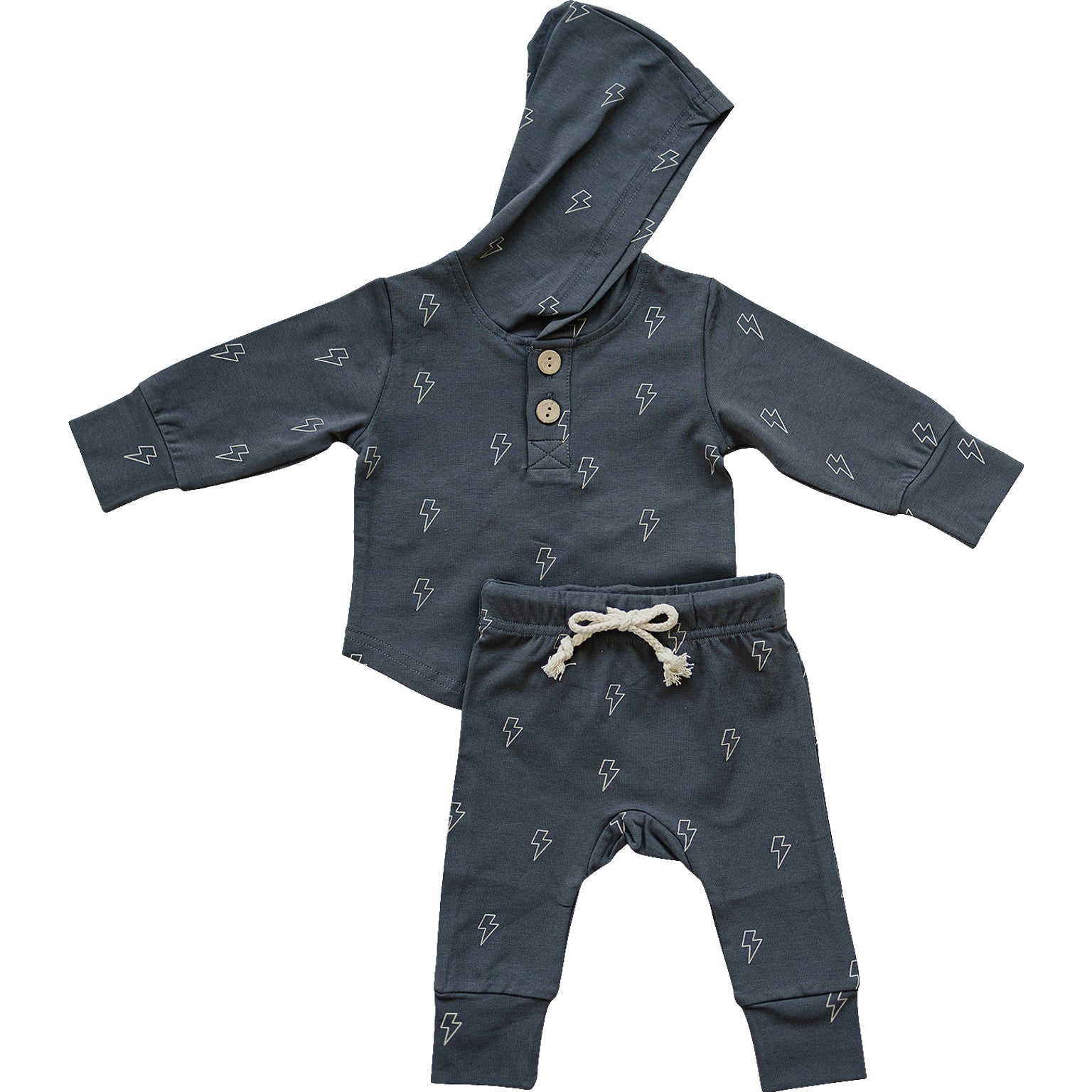 Boys lightning bolt school outfit featuring a cozy hooded top and jogger bottoms for stylish play and comfort.