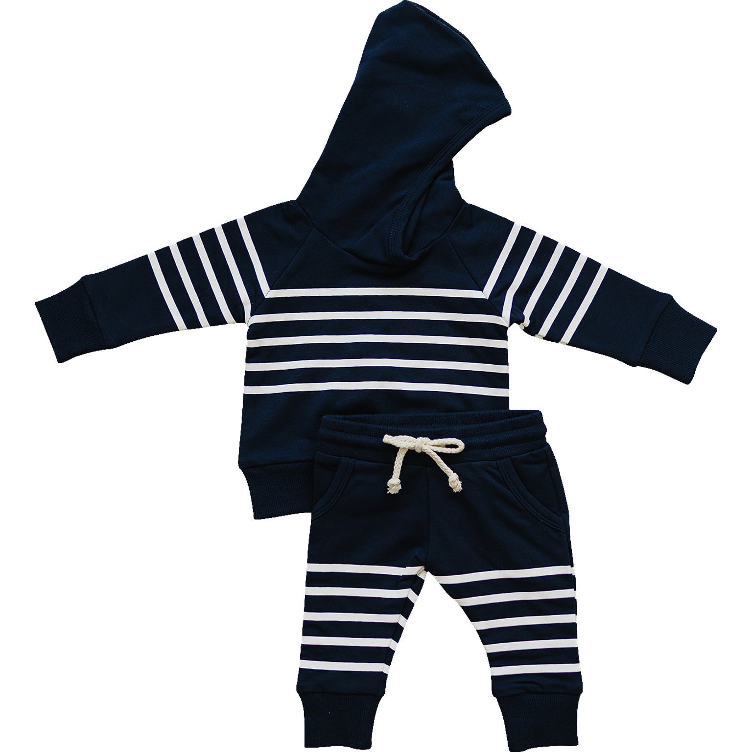 Navy stripes hooded French terry set for boys, featuring striped hoodie and joggers, ideal for school and casual outings.