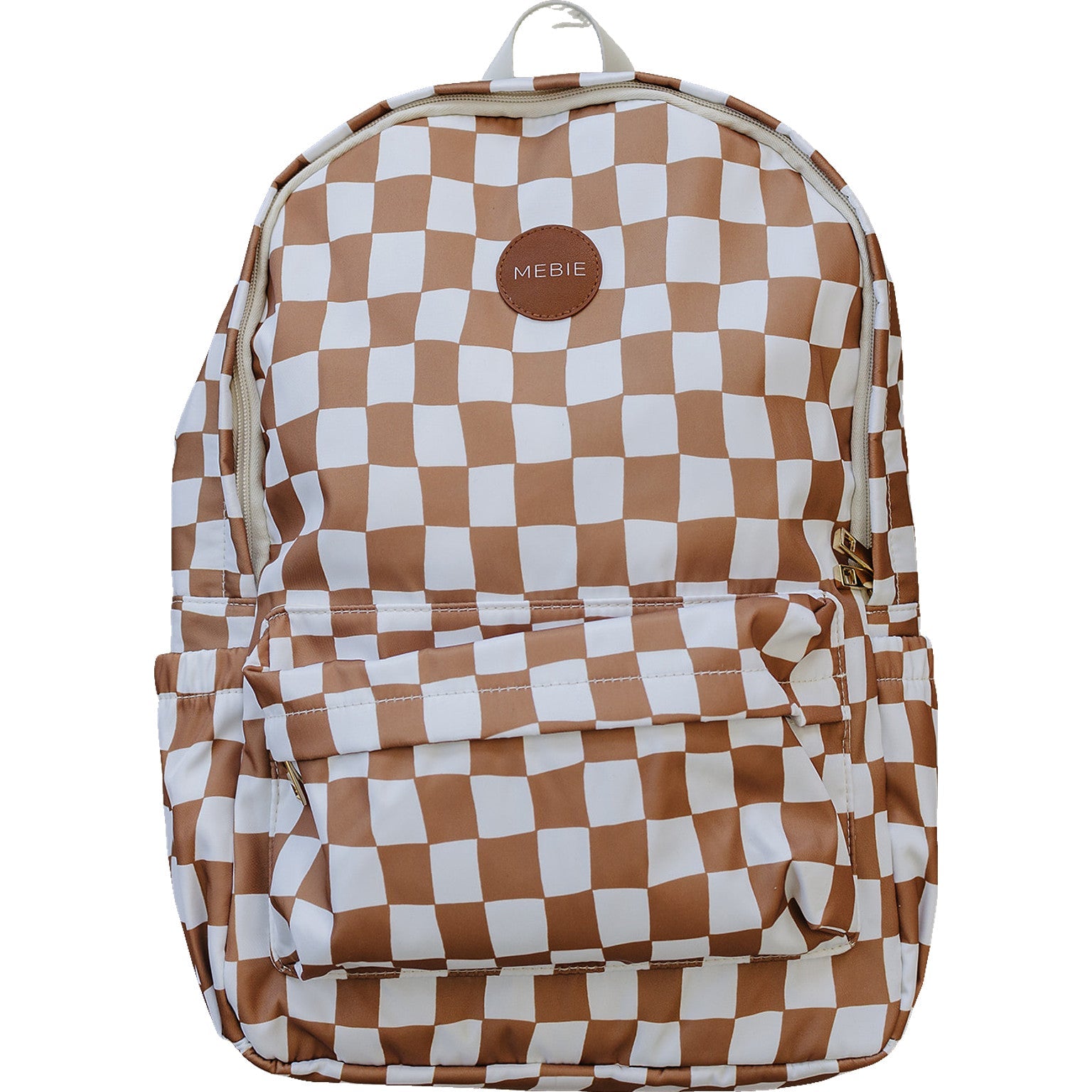 Rust checkered large backpack with padded straps and front pocket, ideal for school and travel.