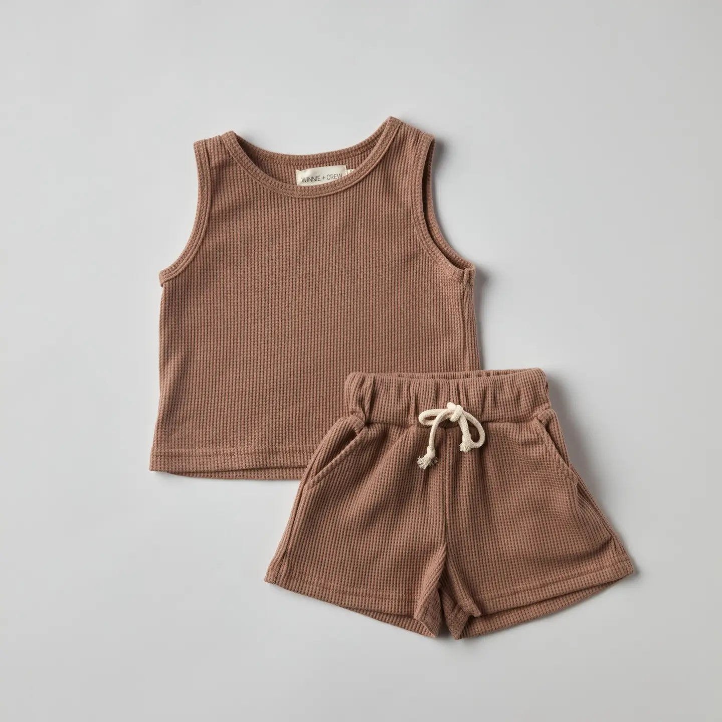Madden Tank Set in brown featuring a waffle-knit tank top and shorts, perfect for babies and toddlers.