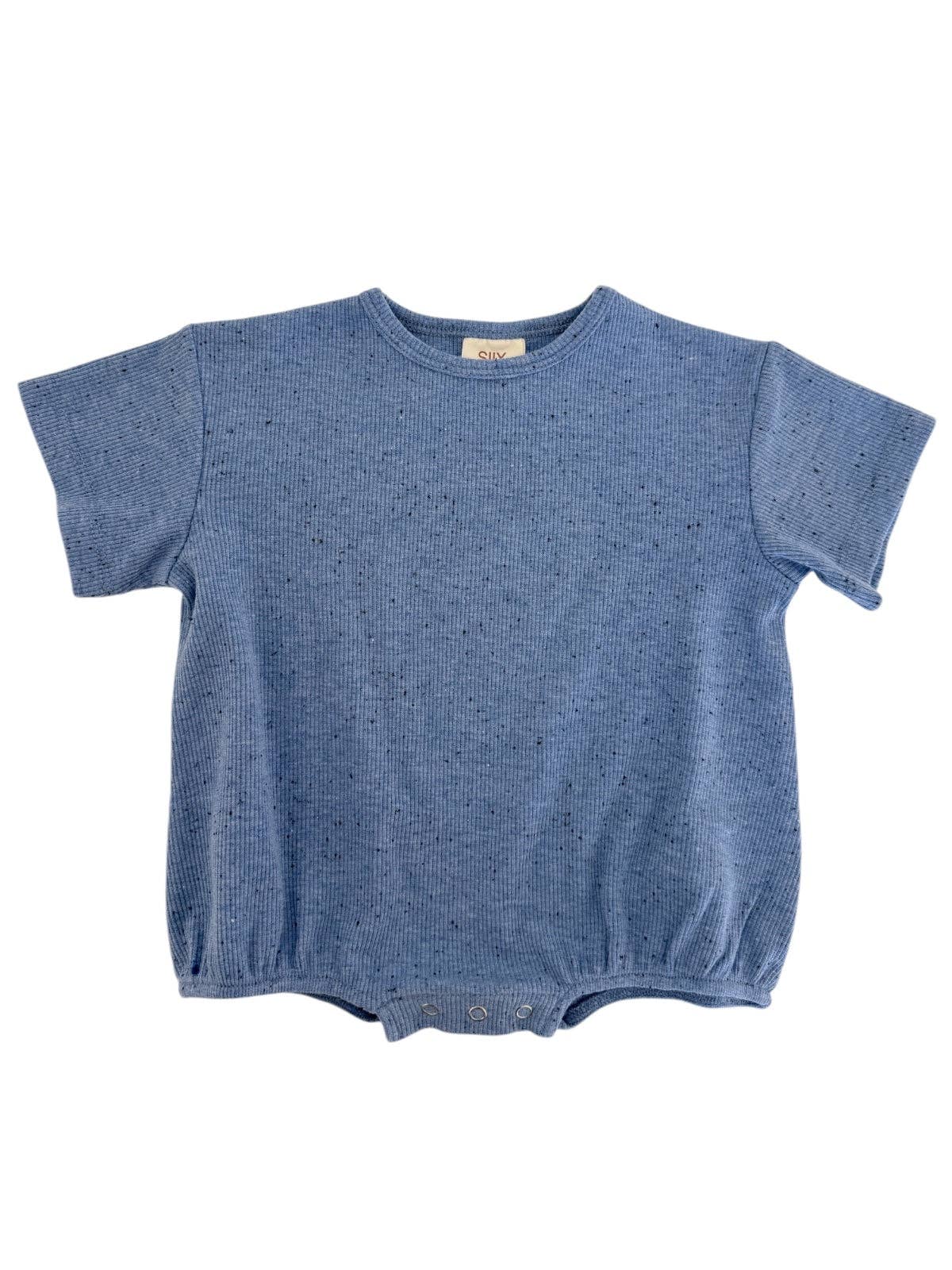 Blue speckle baby t-shirt bubble with short sleeves and bottom snaps for easy diaper changes.