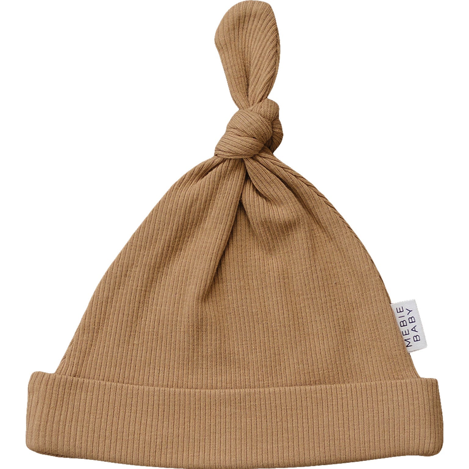 Brown baby hat with a knotted top on a white background