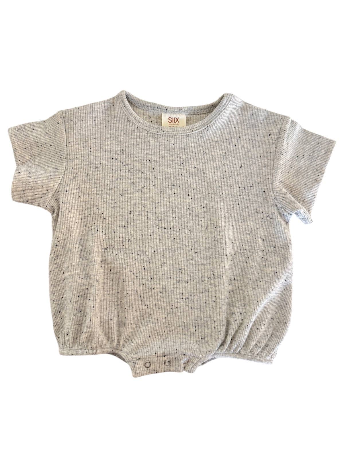 Heather speckle baby t-shirt bubble in soft gray with short sleeves and bottom snaps for easy dressing.