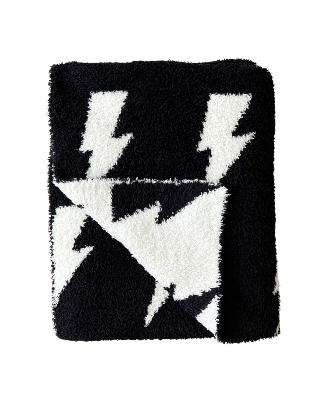 Lightning Bolt Fuzzy Blanket in black with white lightning design, perfect for baby and toddler comfort.