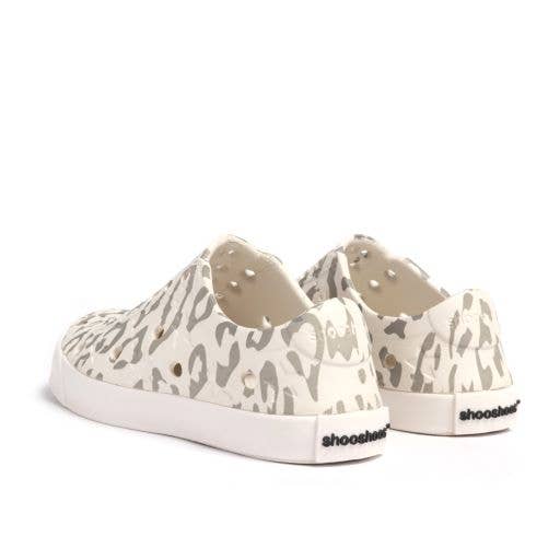 Back view of Lion King Shooshoos waterproof toddler shoes with leopard print design.