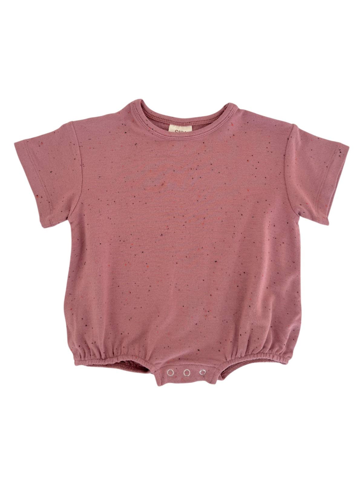 Mauve speckle baby t-shirt bubble, soft and comfy one-piece outfit for warm weather.