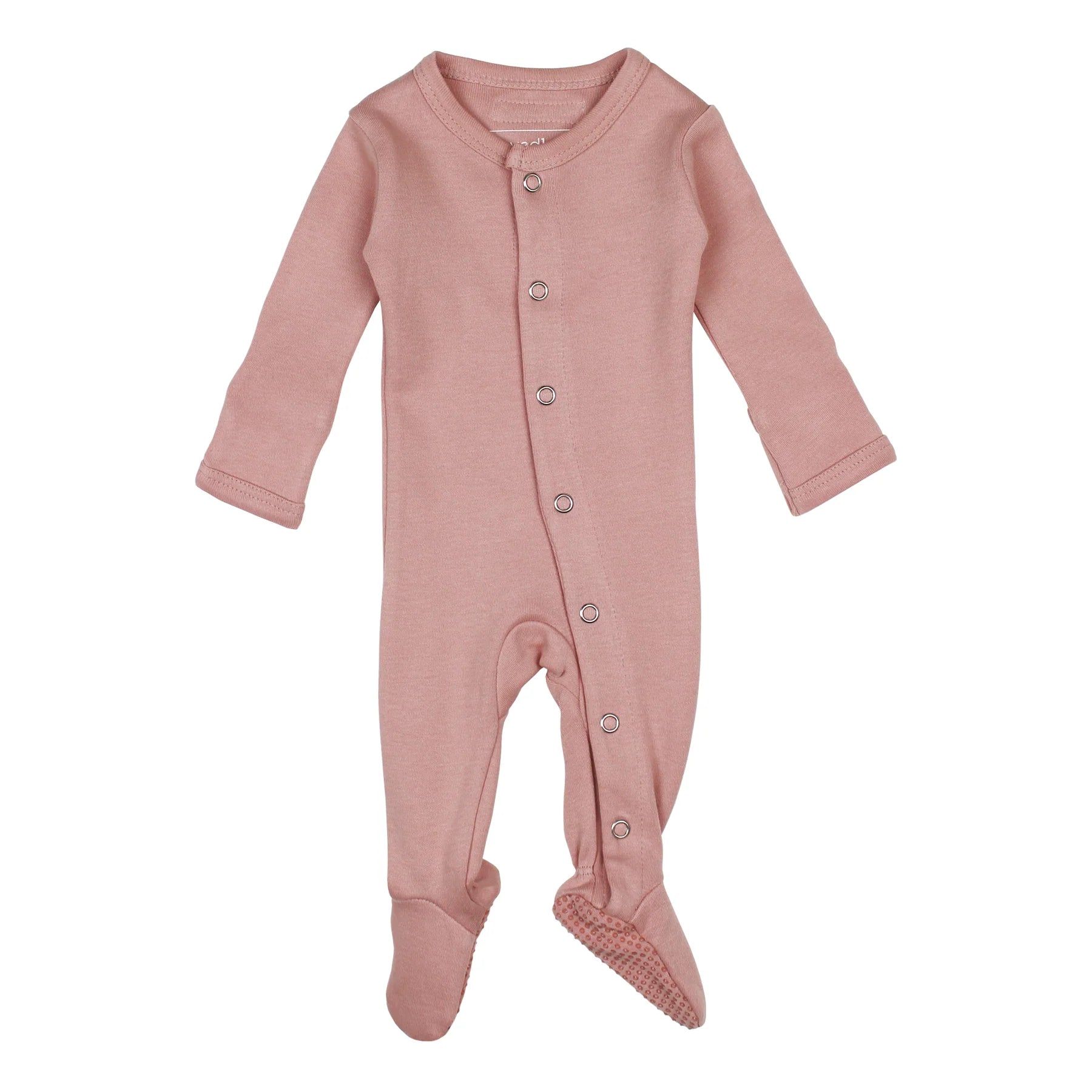 Mauve organic snap footie for babies made from 100% organic cotton, featuring front snaps for easy diaper changes.
