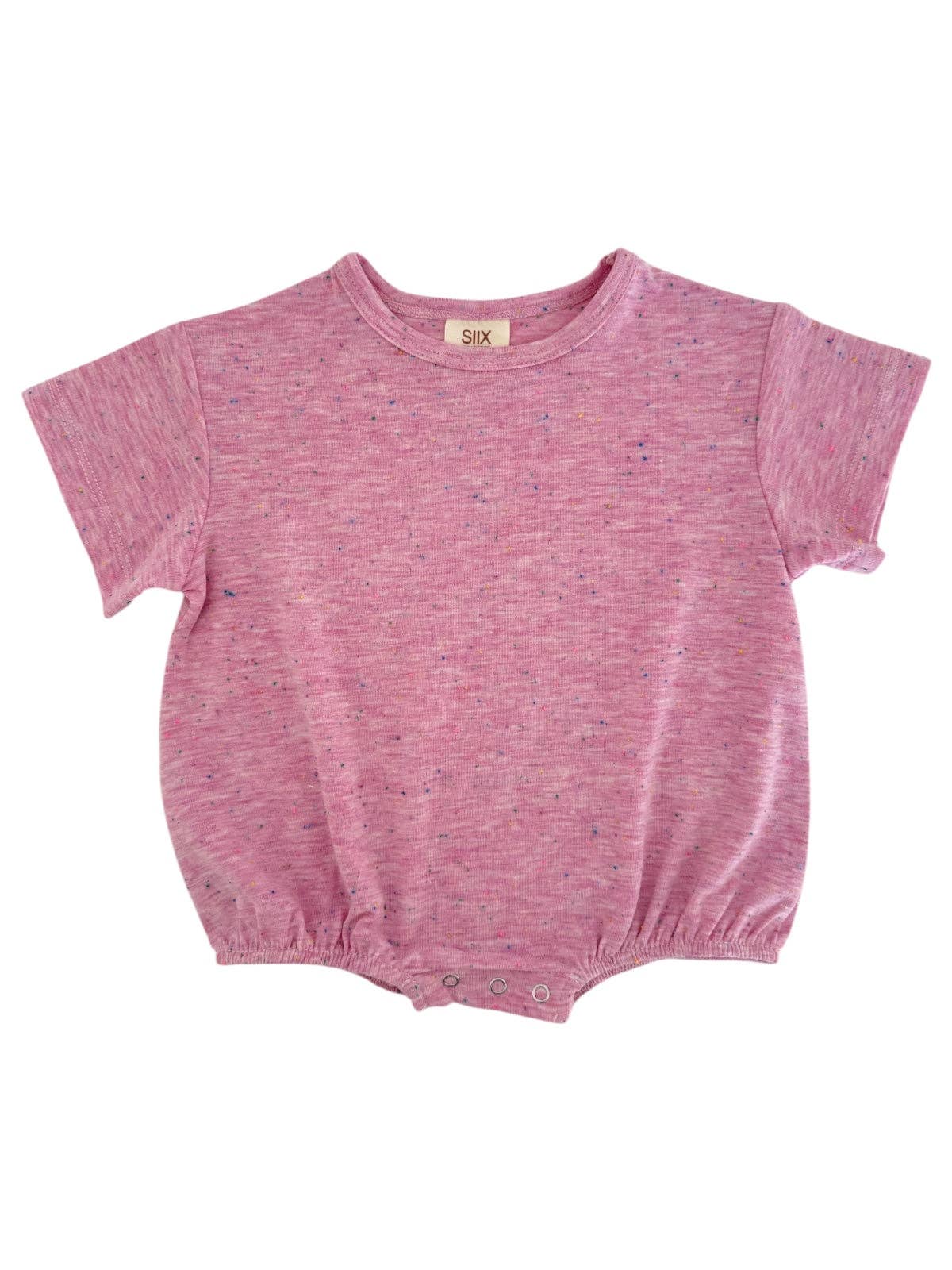 Soft pink speckled baby t-shirt bubble with snap closure for easy diaper changes.