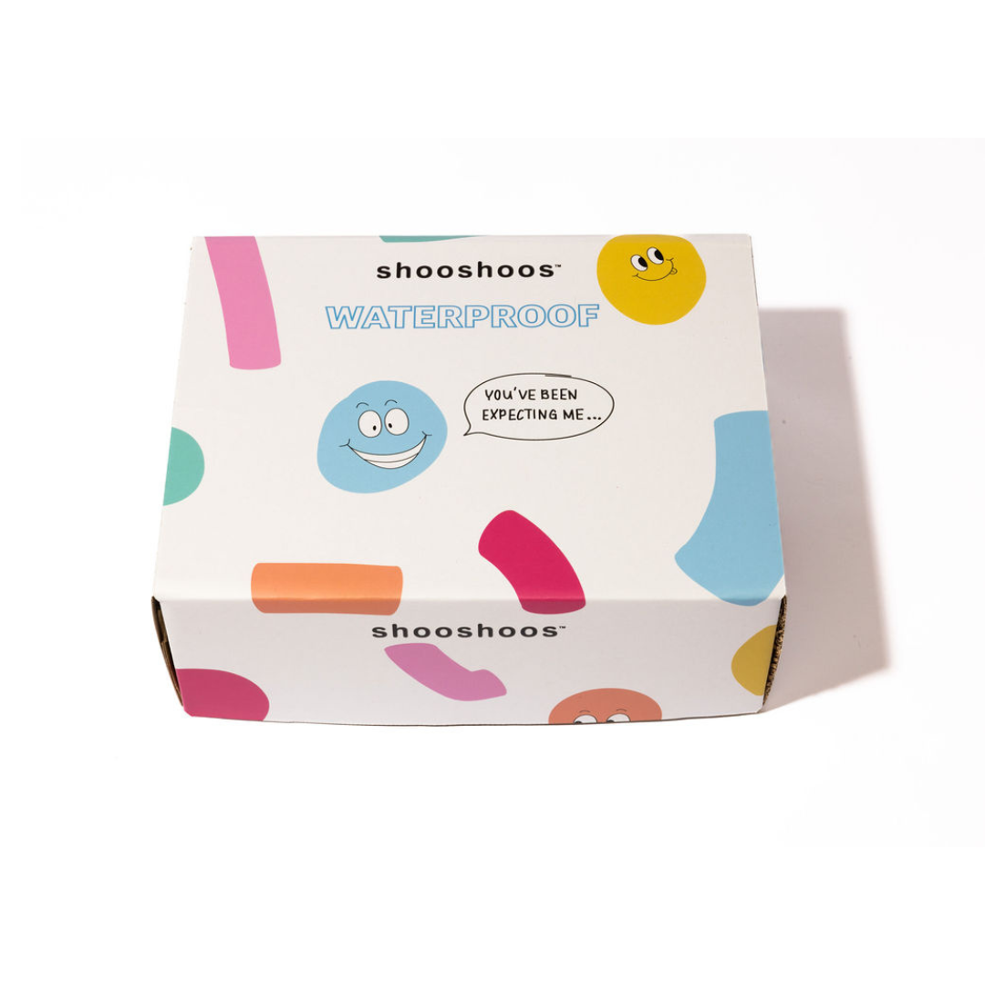 Colorful shoebox with 'WATERPROOF' label for Shooshoos kids shoes, featuring fun graphics.