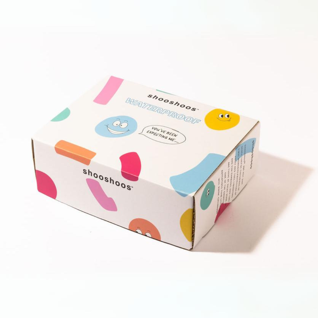 Colorful shooshoos waterproof shoe box featuring playful designs and bright colors.