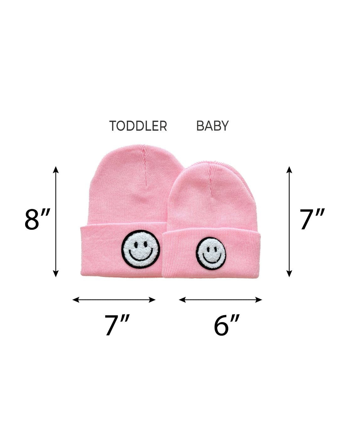 Smiley Beanie set in pink, featuring toddler and baby sizes with smiley face design, perfect for family matching.