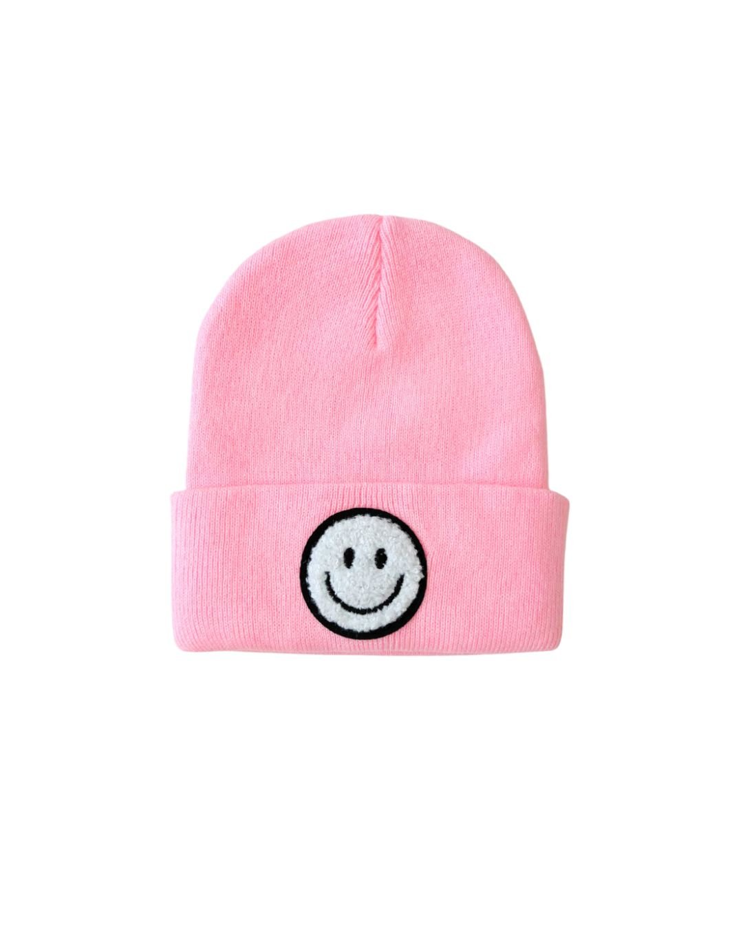 Smiley Beanie in pink featuring a cheerful smiley face design, perfect for all-day comfort for all ages.