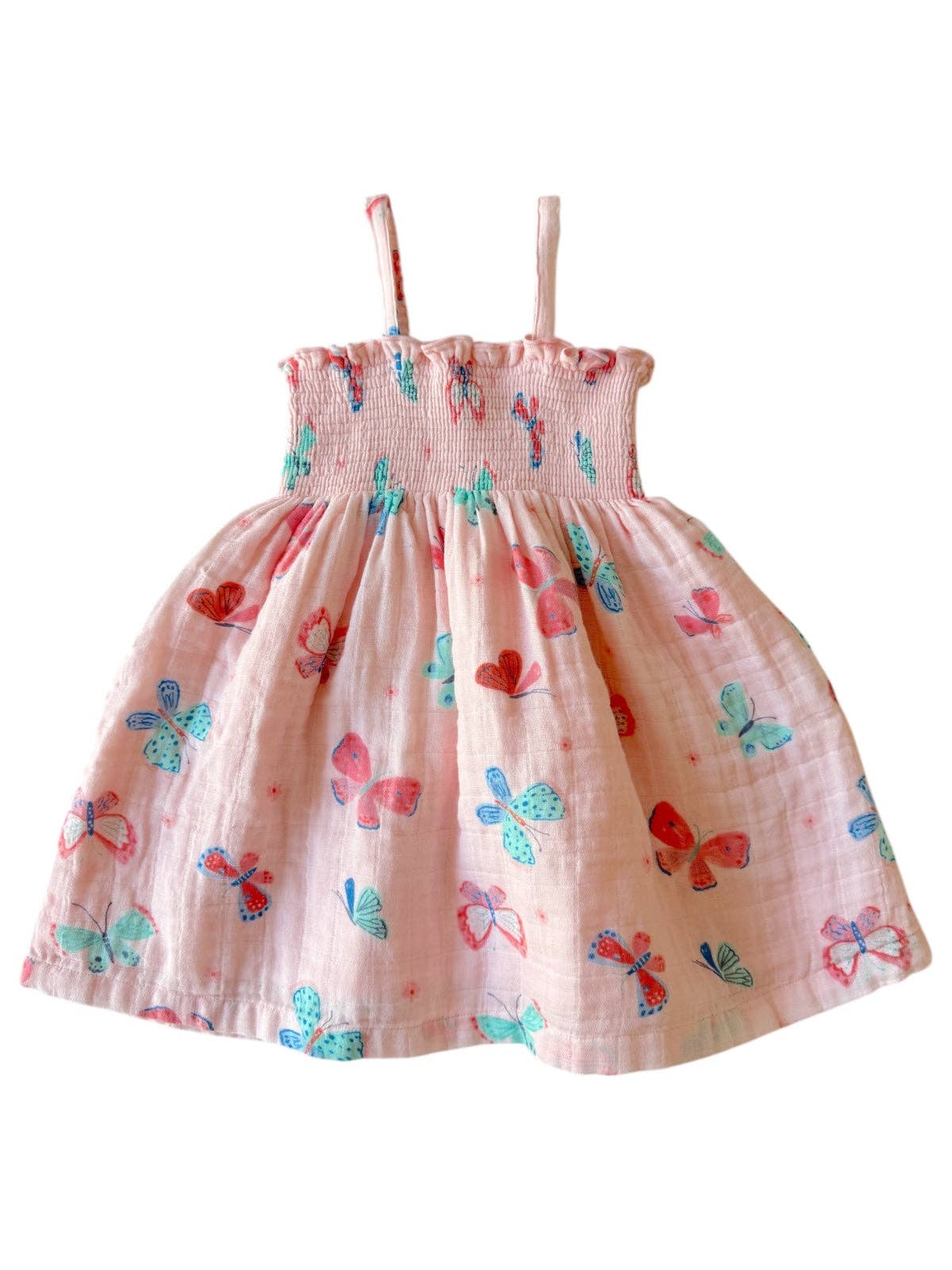 Whimsical girls butterfly dress in lightweight muslin with smocked top and colorful butterfly print.