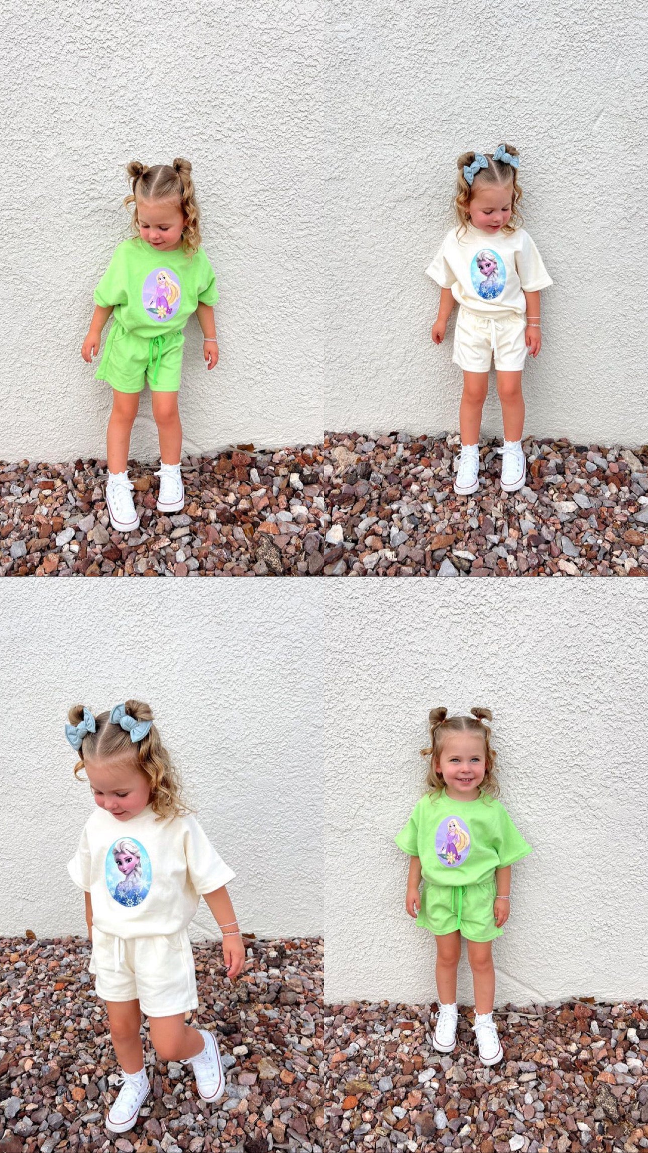 Adorable toddler girl in colorful princess short set, featuring green and white outfits, showcasing a fun and playful style.