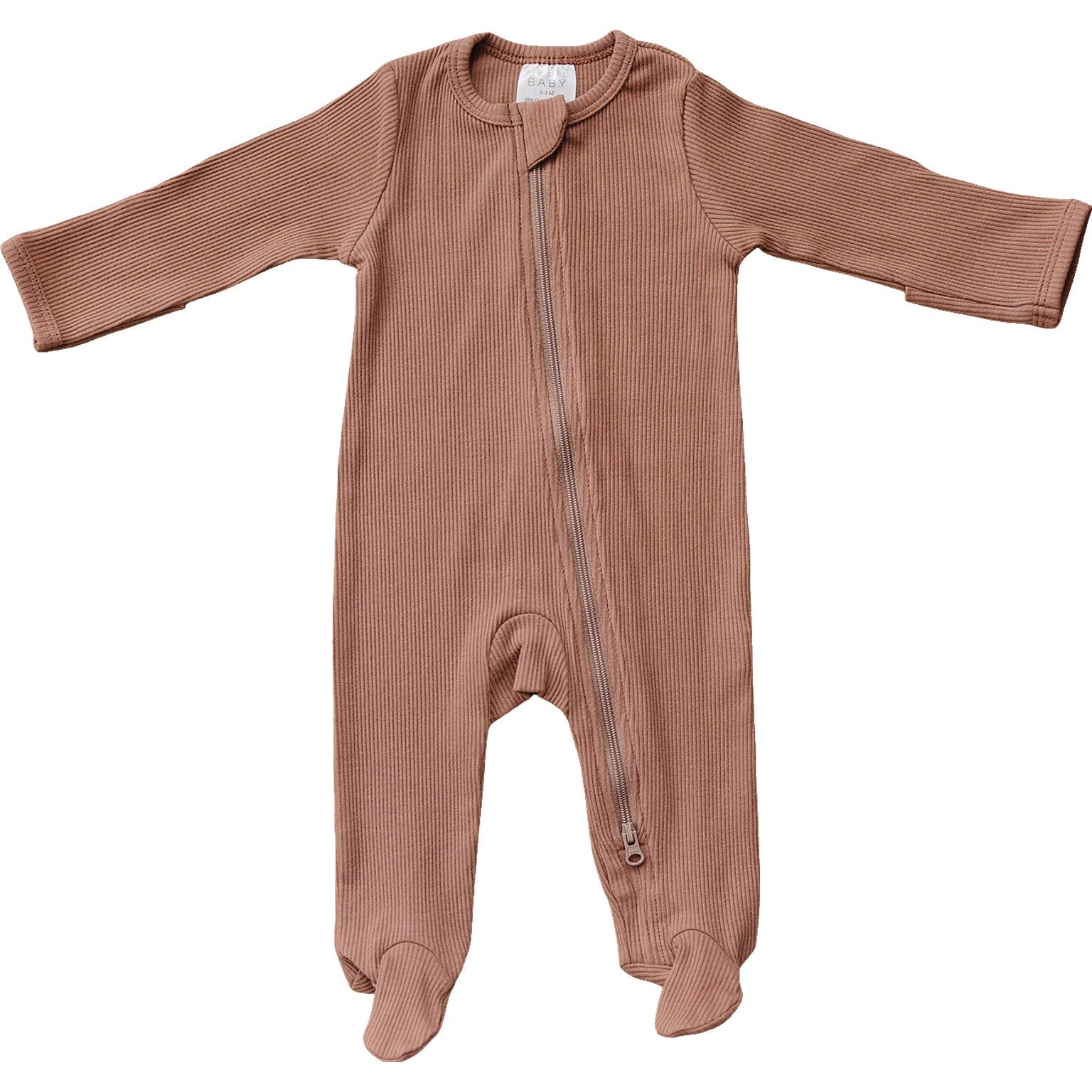 Dusty rose organic baby zipper sleeper made from GOTS-certified ribbed cotton with a two-way zip.