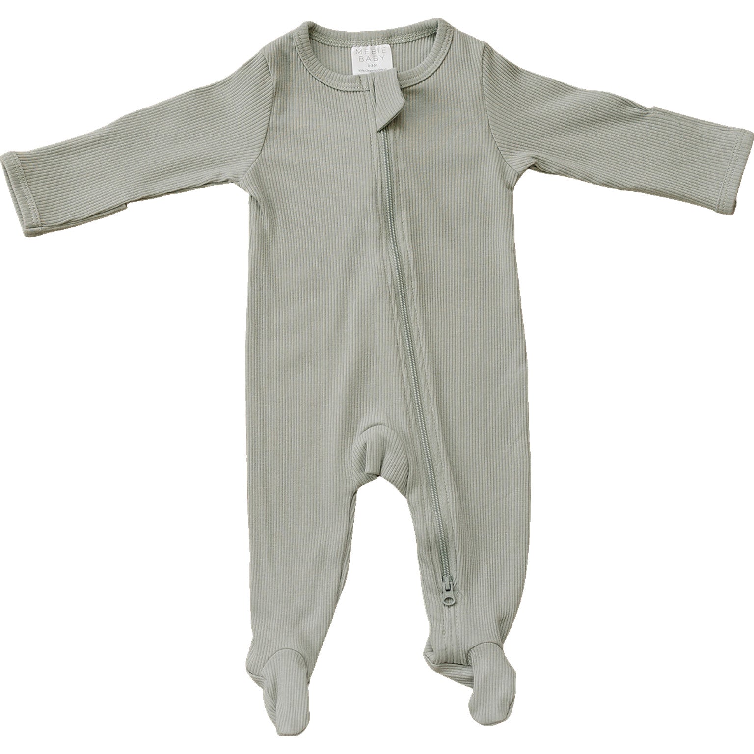 Sage organic cotton ribbed zipper pajamas for babies, soft and breathable, perfect for sleep or play.