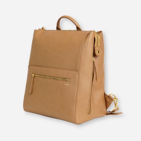 Square Diaper Bag Backpack in premium matte faux leather with exterior pocket, perfect for stylish parents.