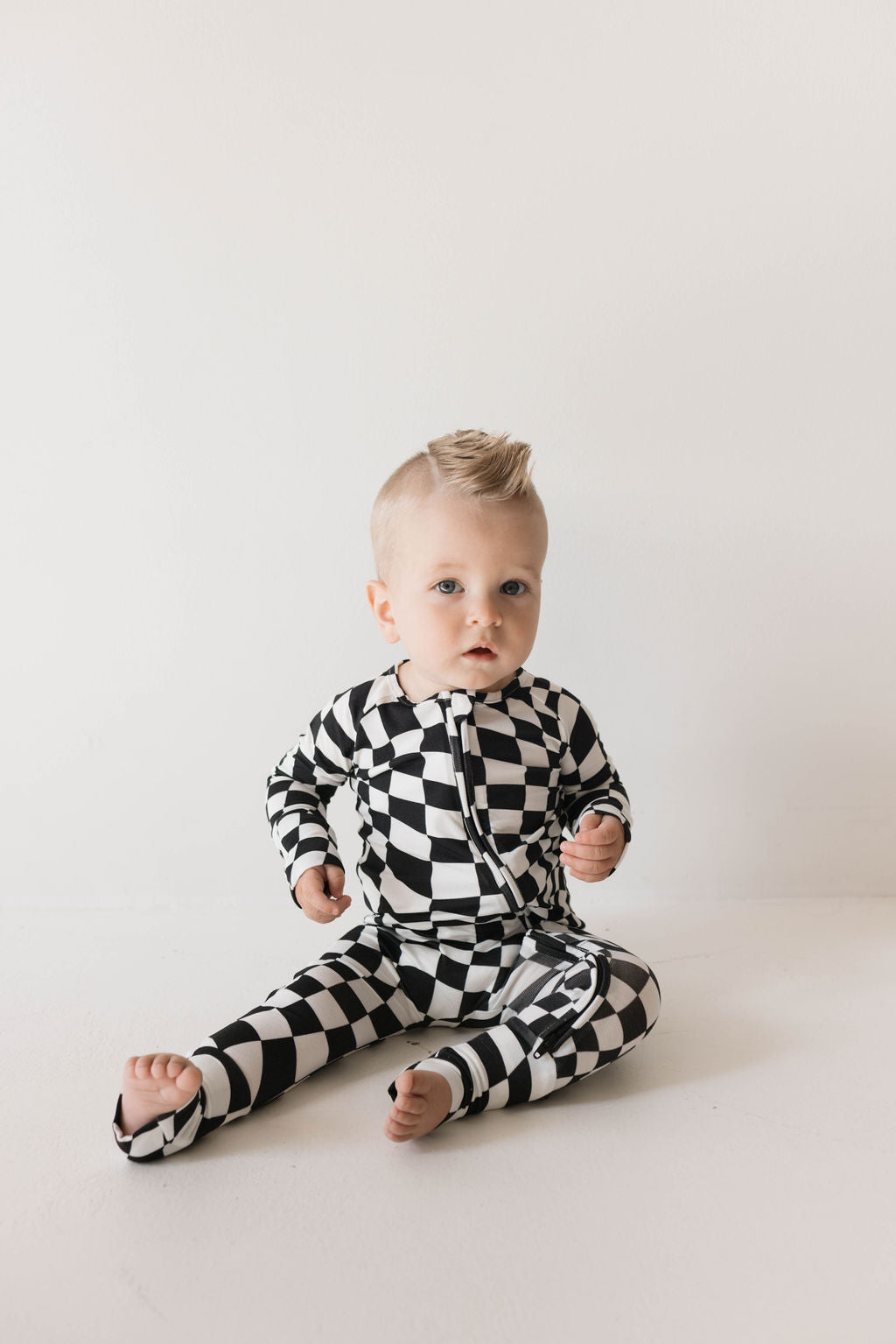 Bamboo Zip Pajamas | Black & White Wavy Checkerboard