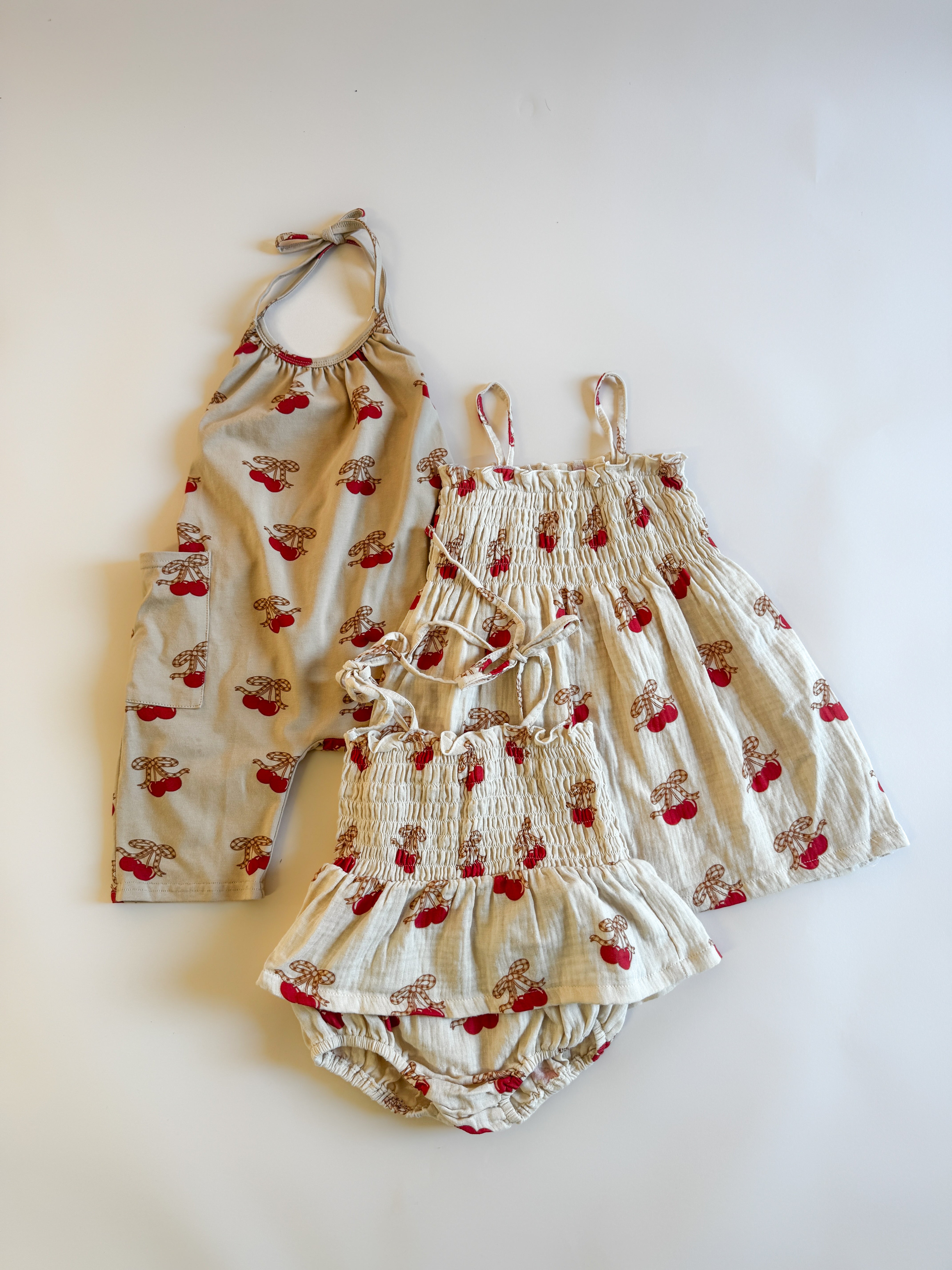 Printed Bloomer Set featuring cherry and bow designs in soft cotton for stylish and comfy play.
