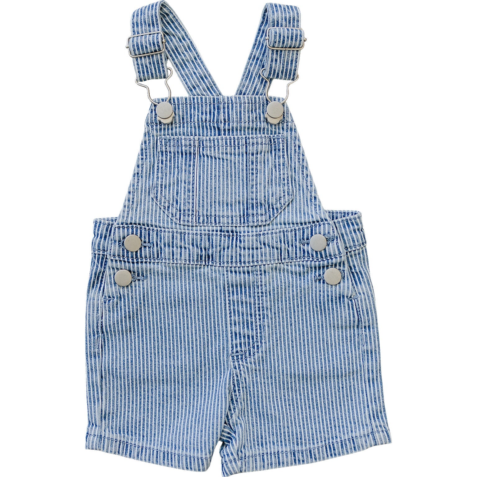 Blue stripe short overalls for babies and toddlers, perfect summer outfit with adjustable straps and front buttons.