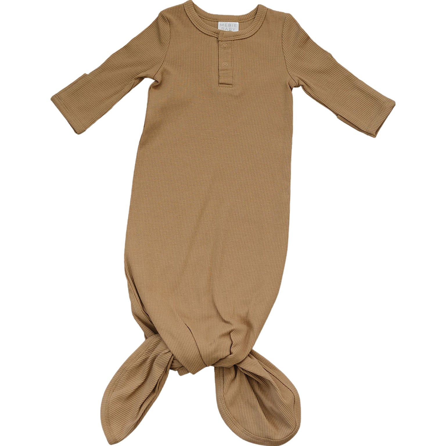 Cafe organic cotton ribbed knot gown in warm cafe hue, perfect for newborns and adjustable for easy changes.