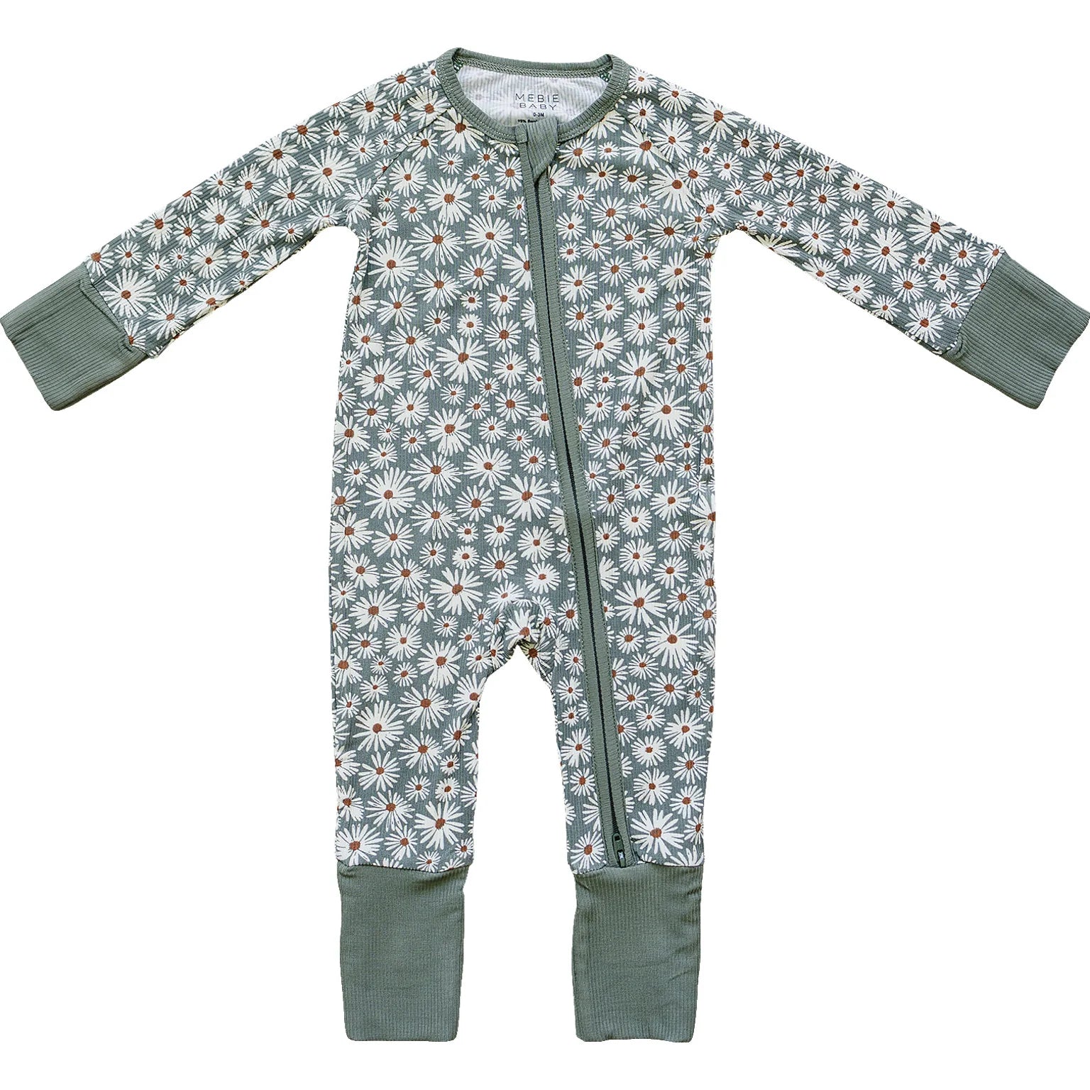 Dark green daisy ribbed bamboo zipper baby footie with long sleeves and footies, eco-friendly and cozy.