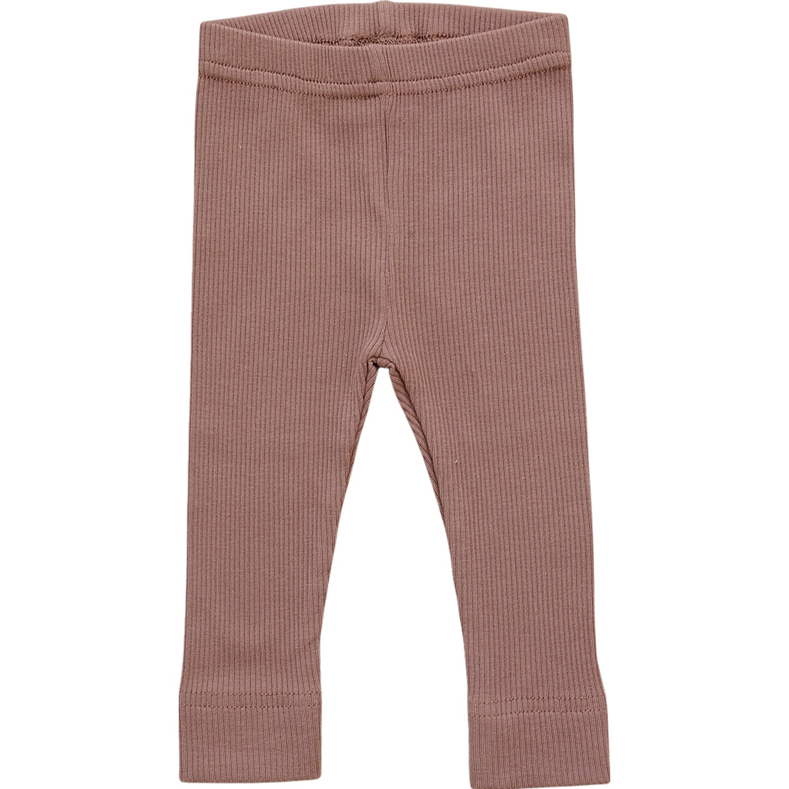 Dusty rose organic baby leggings made from soft ribbed cotton, featuring a comfy elastic waistband for a flexible fit.