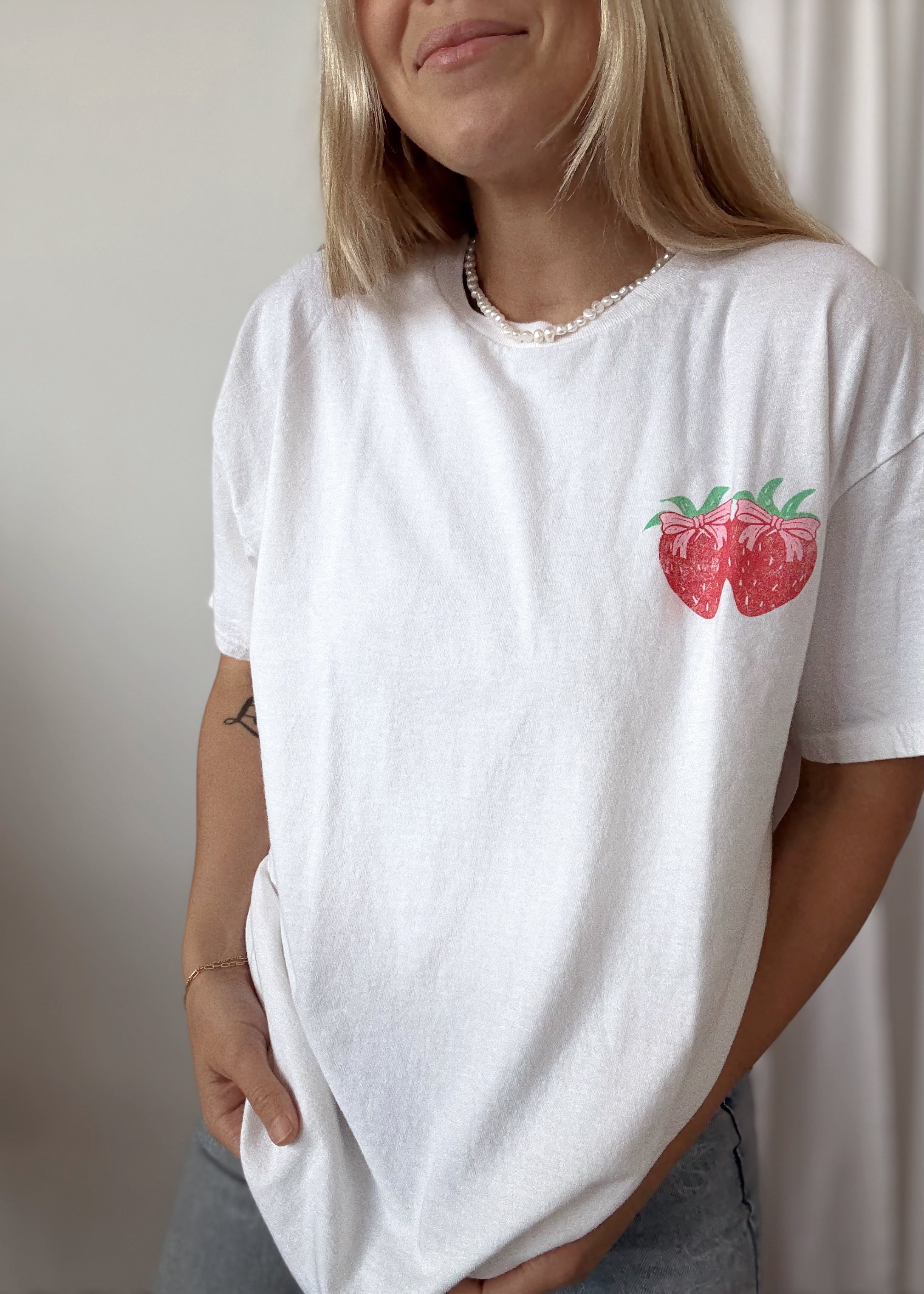 Enjoy the Good Days Berry Tee on women close up front view