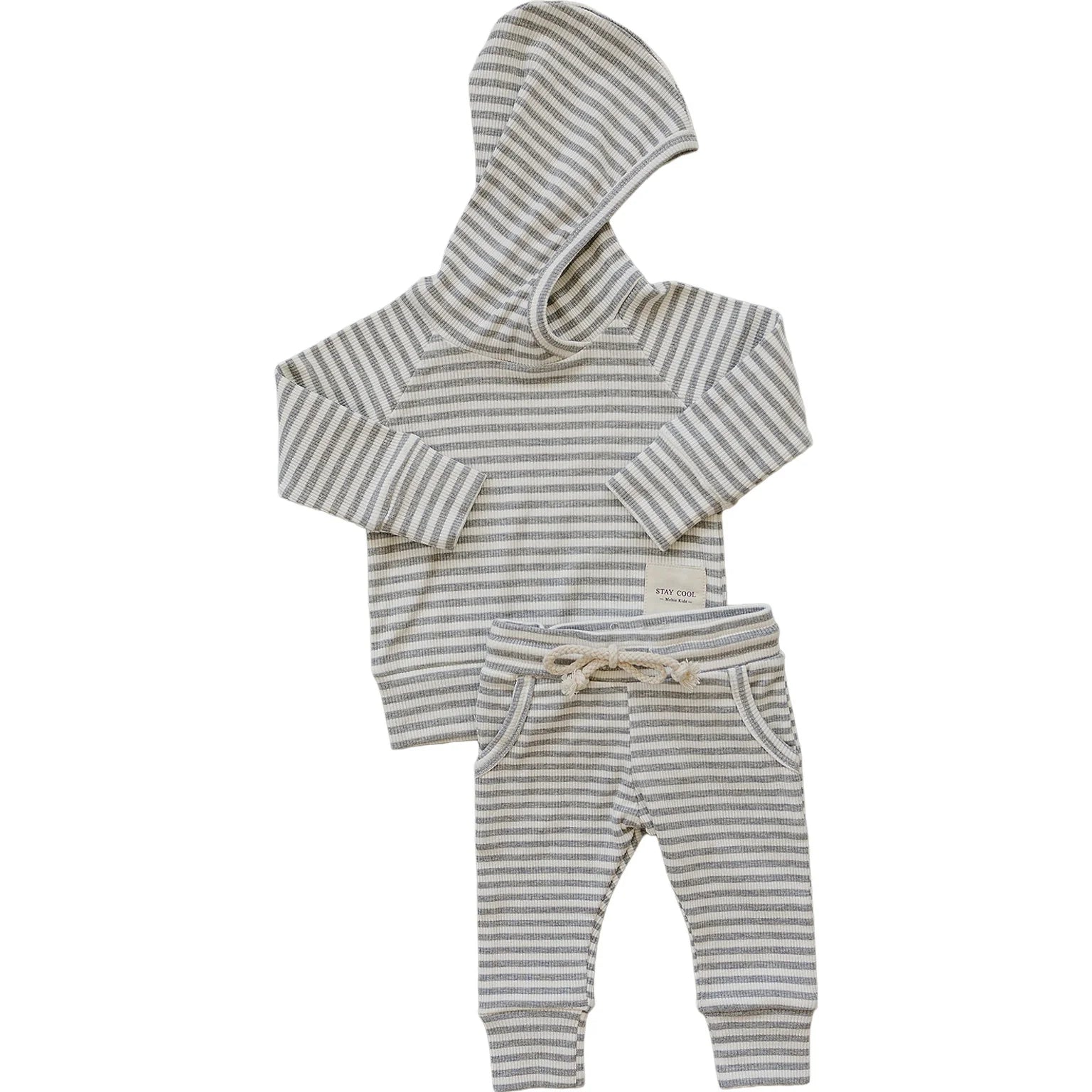 Grey Striped Baby and Toddler Lounge Set with Hoodie for cozy comfort and style in soft knit fabric.
