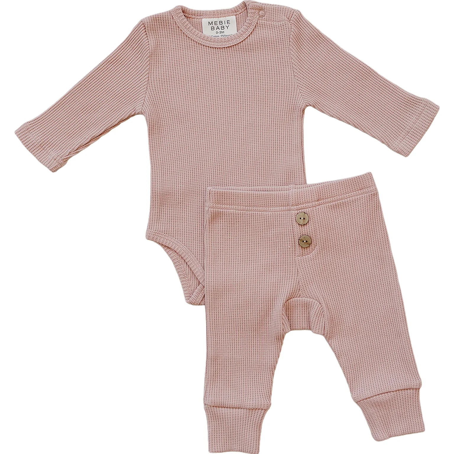 Waffle Knit Baby Bodysuit Set – Pink featuring a long-sleeve bodysuit and matching pants.