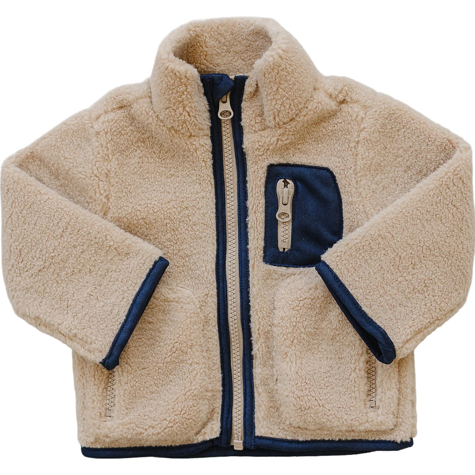 Baby and Kids Sherpa Zip-Up Jacket in beige with navy accents and full zip front, perfect for chilly weather.