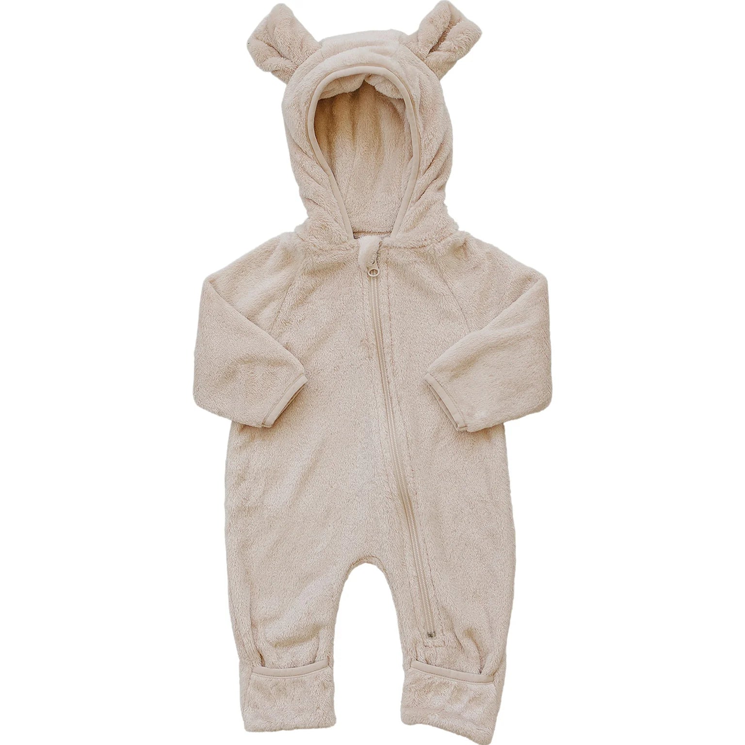 Baby Fleece Bear Hooded Romper with Ears in soft cream fleece, featuring adorable bear ears and zip closure for warmth.