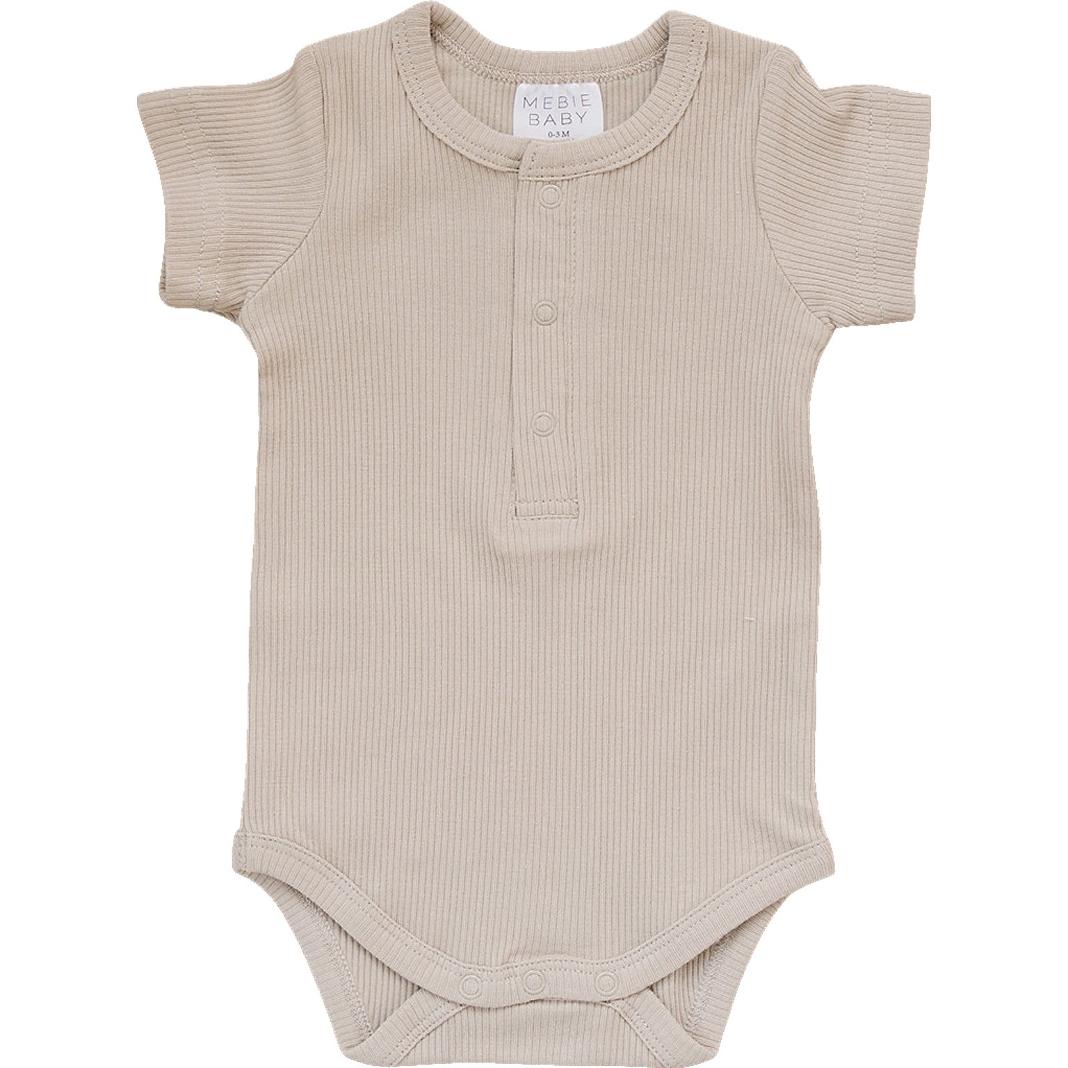 Organic baby bodysuit in oatmeal ribbed cotton with snap closure for easy dressing.
