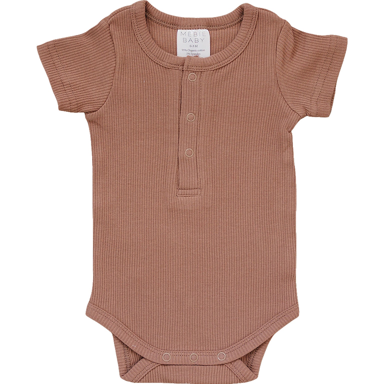 Dusty rose organic baby bodysuit made of GOTS-certified ribbed cotton with snap closures for easy diaper changes.