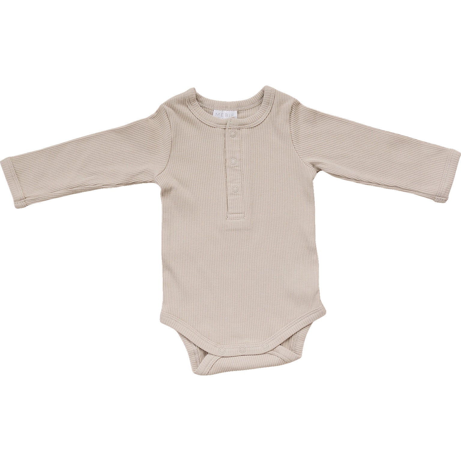 Organic baby bodysuit in oatmeal color with long sleeves and snap closures, made from soft ribbed cotton.