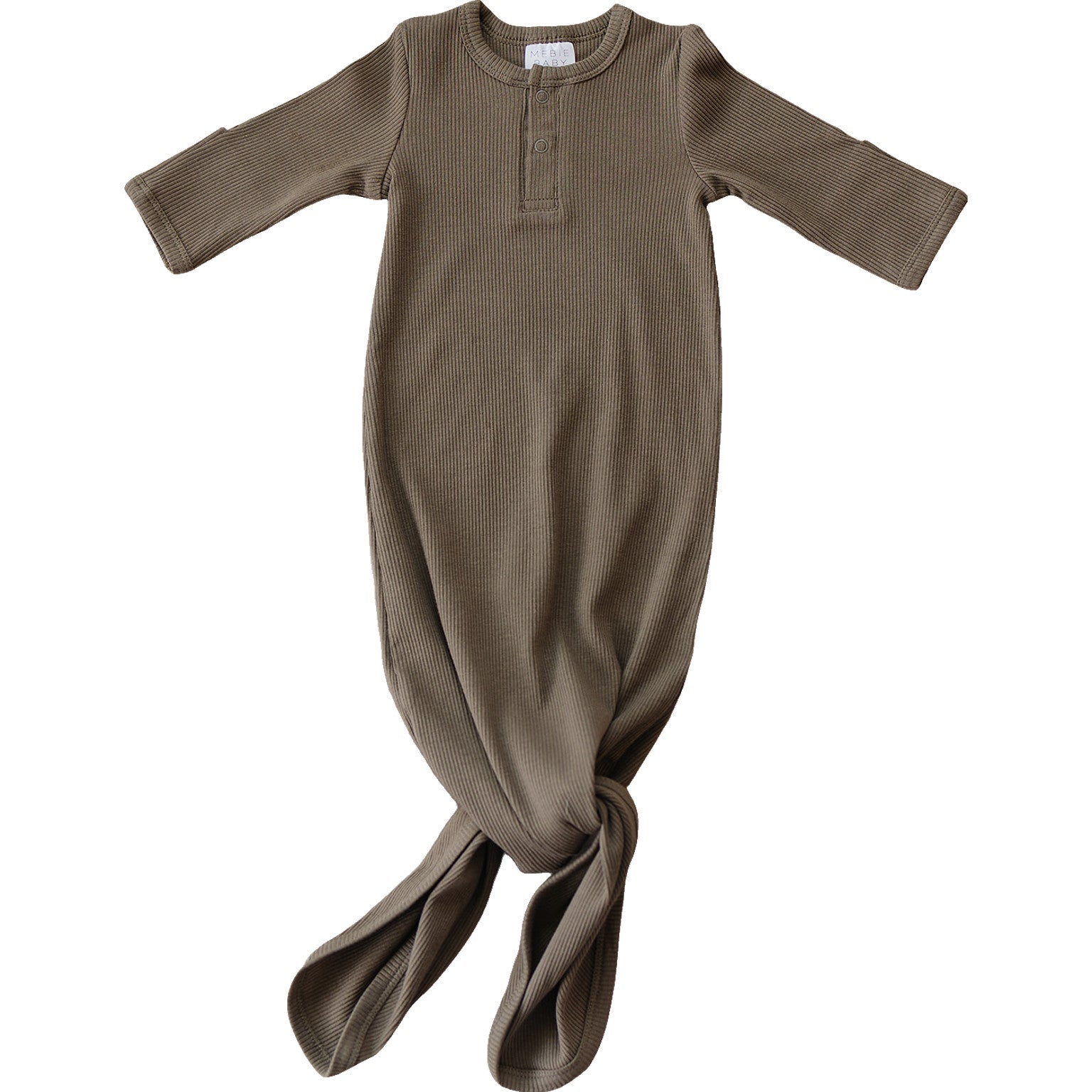 Organic baby knot gown in cocoa ribbed cotton, designed for comfort and style with adjustable knot feature.
