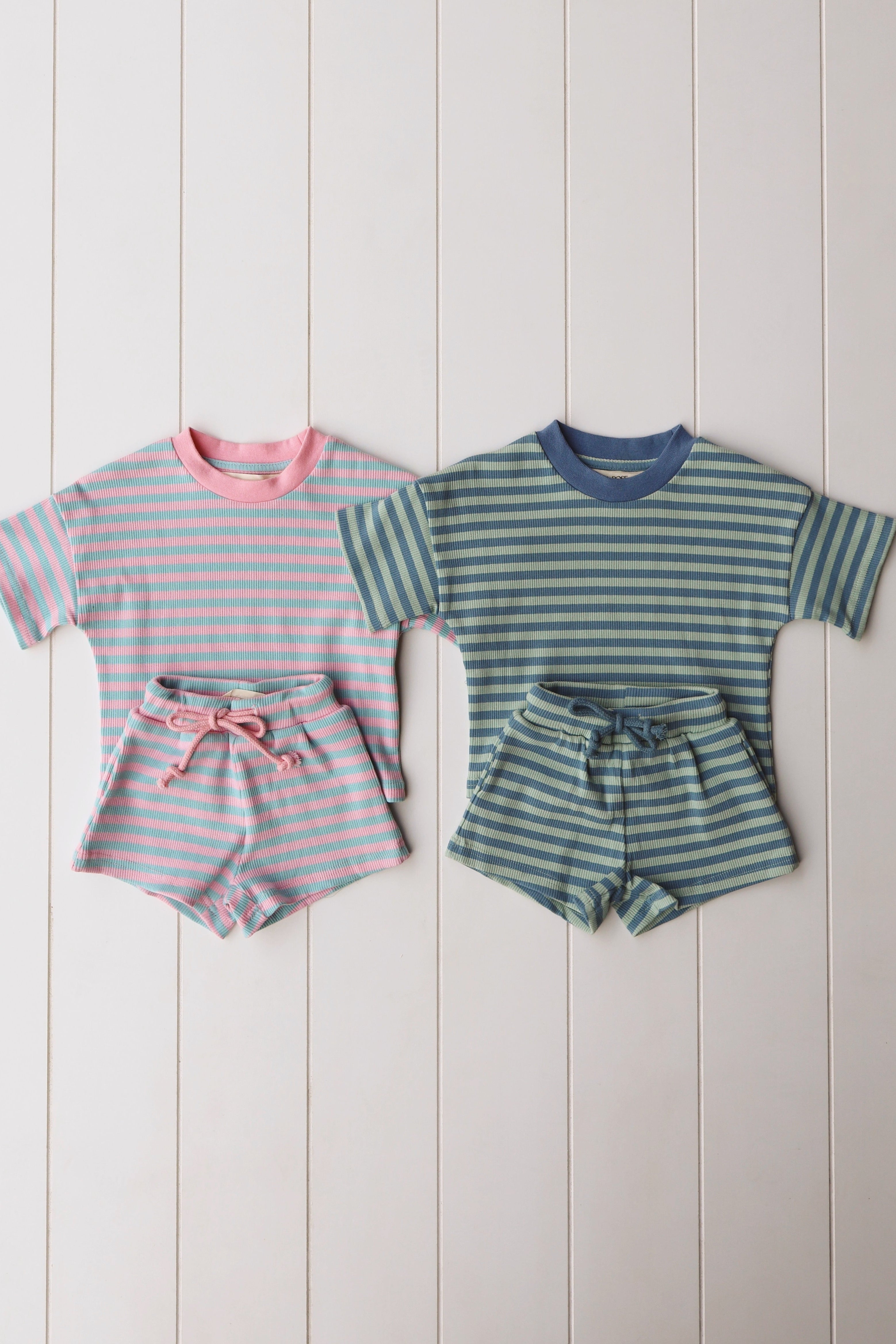 Cotton Candy Two-Piece Short Set for toddlers featuring pastel striped top and shorts, perfect for sunny days.