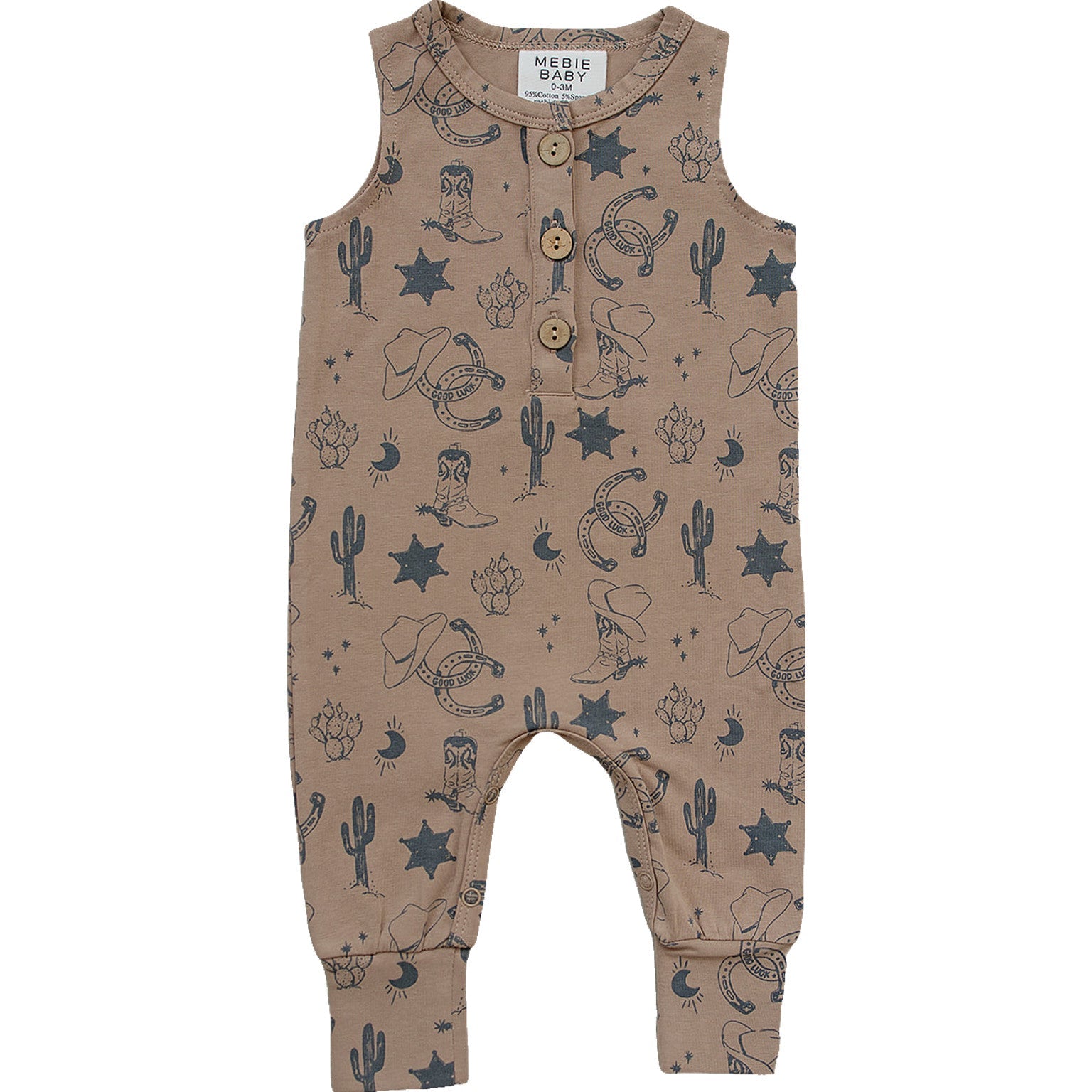 Wild West baby romper, neutral tan tank romper with cowboy print and snap closures for summer style.