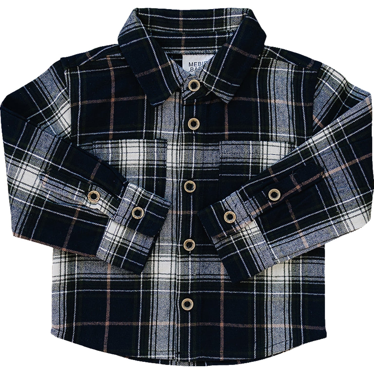 Navy plaid button-up shirt for babies and kids, featuring a soft cotton fabric and classic design, perfect for all seasons.